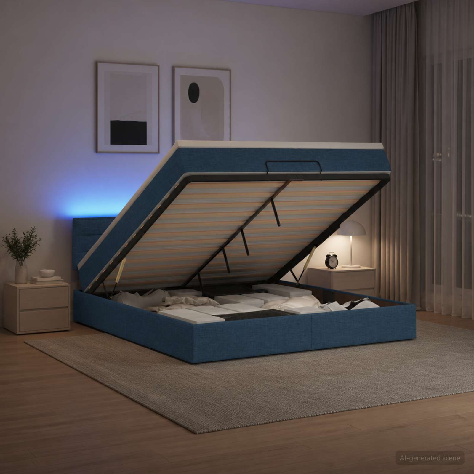 Отоман с матрак и LED с LED ленти Синьо 140 x 190 cm Текстил