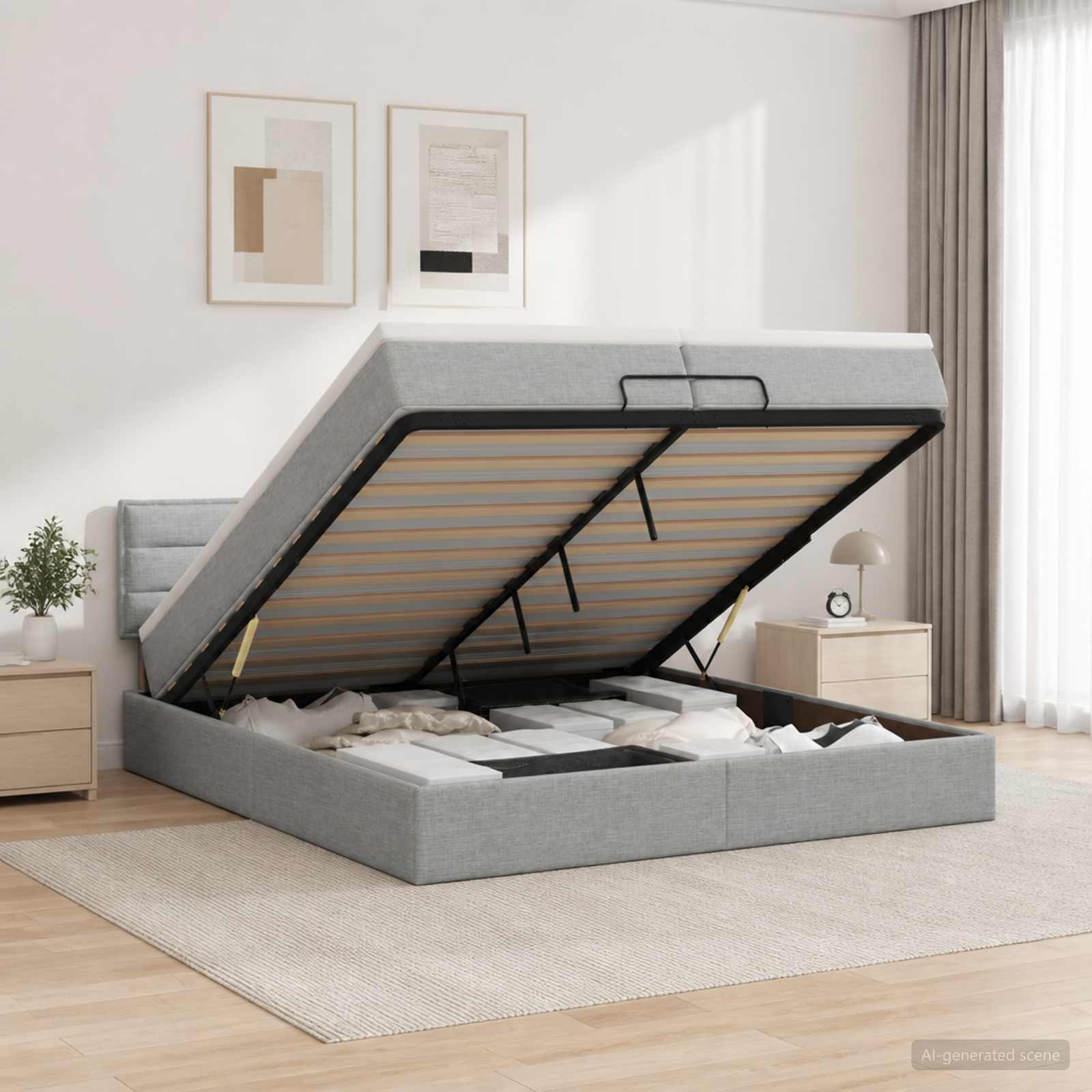 Отоман с матрак и LED с таблото Светлосиво 200 x 200 cm Текстил