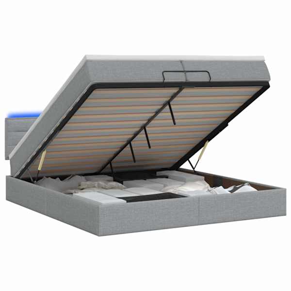 vidaXL Ottomani voodi madratsi ja LED-idega Helehall 200 x 200 cm