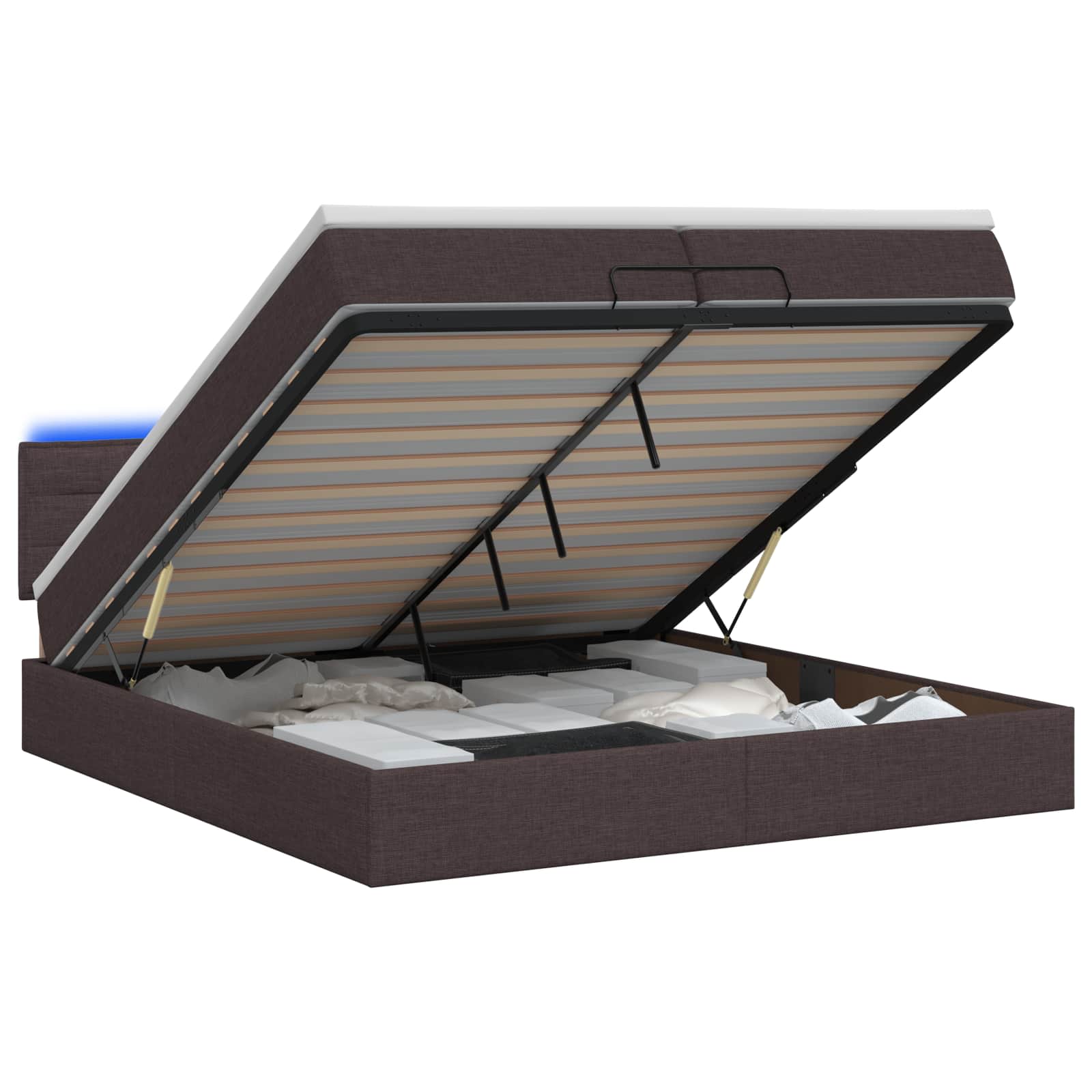 vidaXL Ottoman Bed met Matrassen en LED Donkerbruin 200 x 200 cm Stof bruin, foto 3