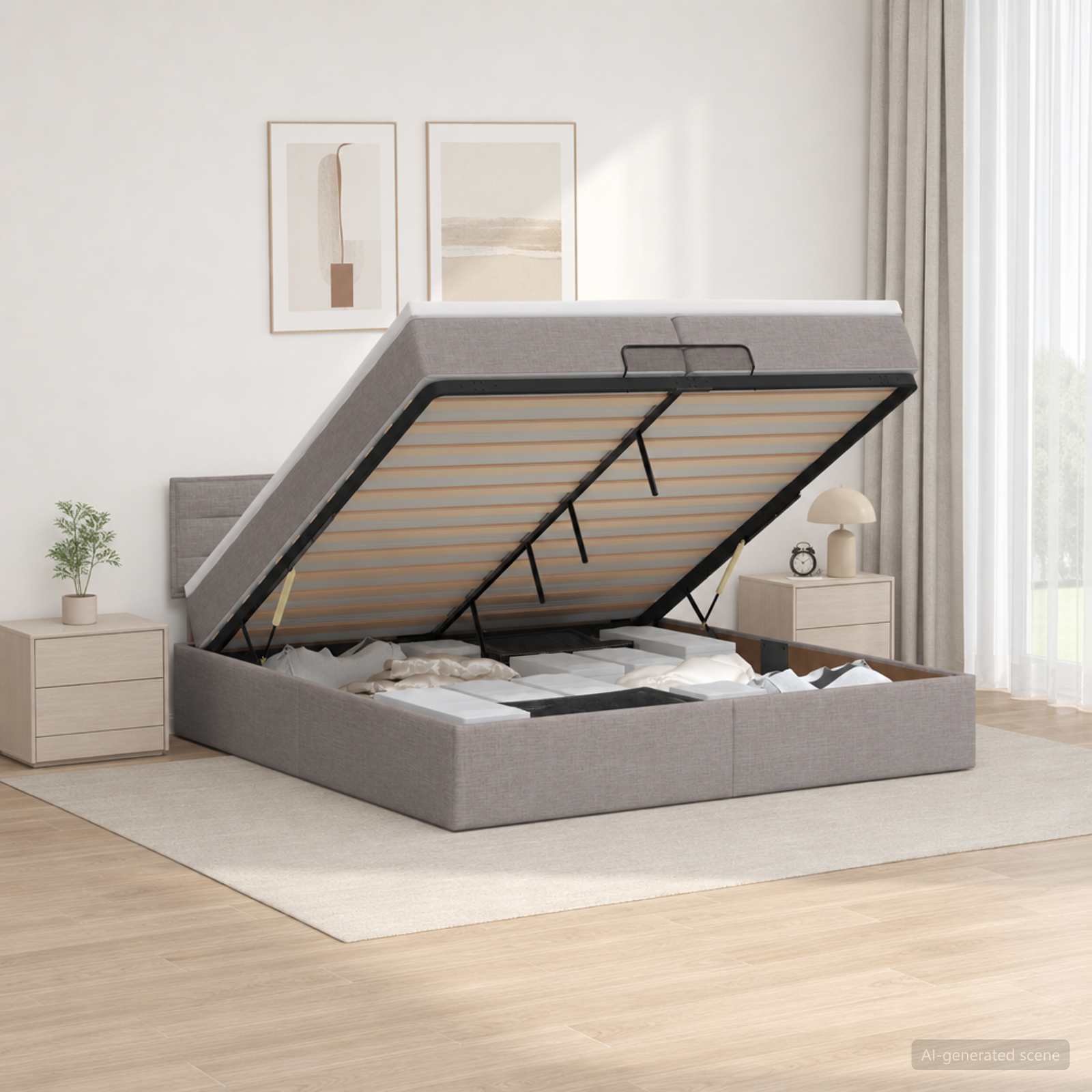 Otomanska postelja z vzmetnico in LED Taupe 200 x 200 cm Blago