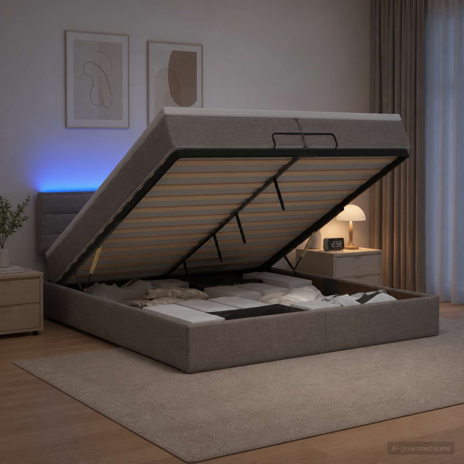 Ottoman seng 200 x 200 cm med madras, opbevaring og LED - gråbrun stof