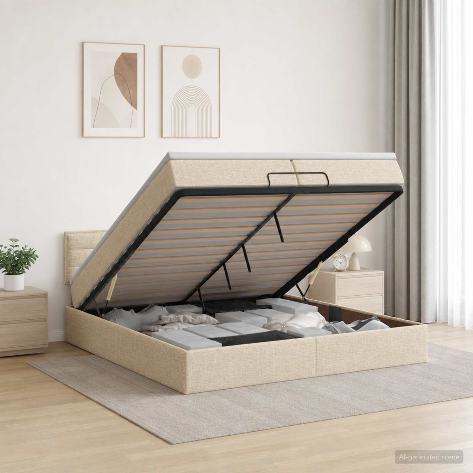 vidaXL Ottoman Bed met Matrassen en LED Crèmekleurig 200 x 200 cm Stof, foto 4