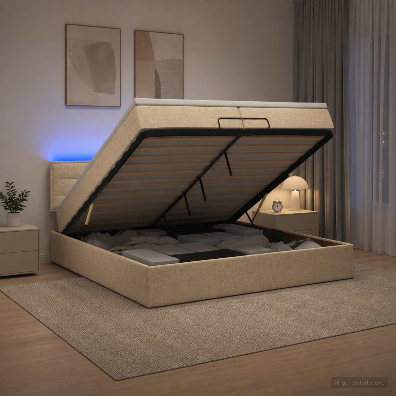 Ottoman seng 200 x 200 cm i creme stof med madras, opbevaring og LED