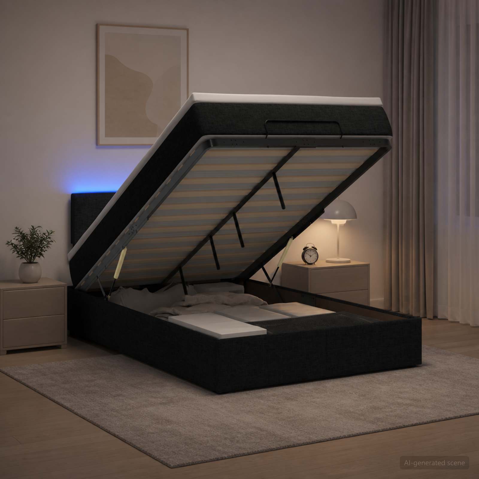 Отоман с матрак и LED с LED ленти Черно 120 x 190 cm Текстил