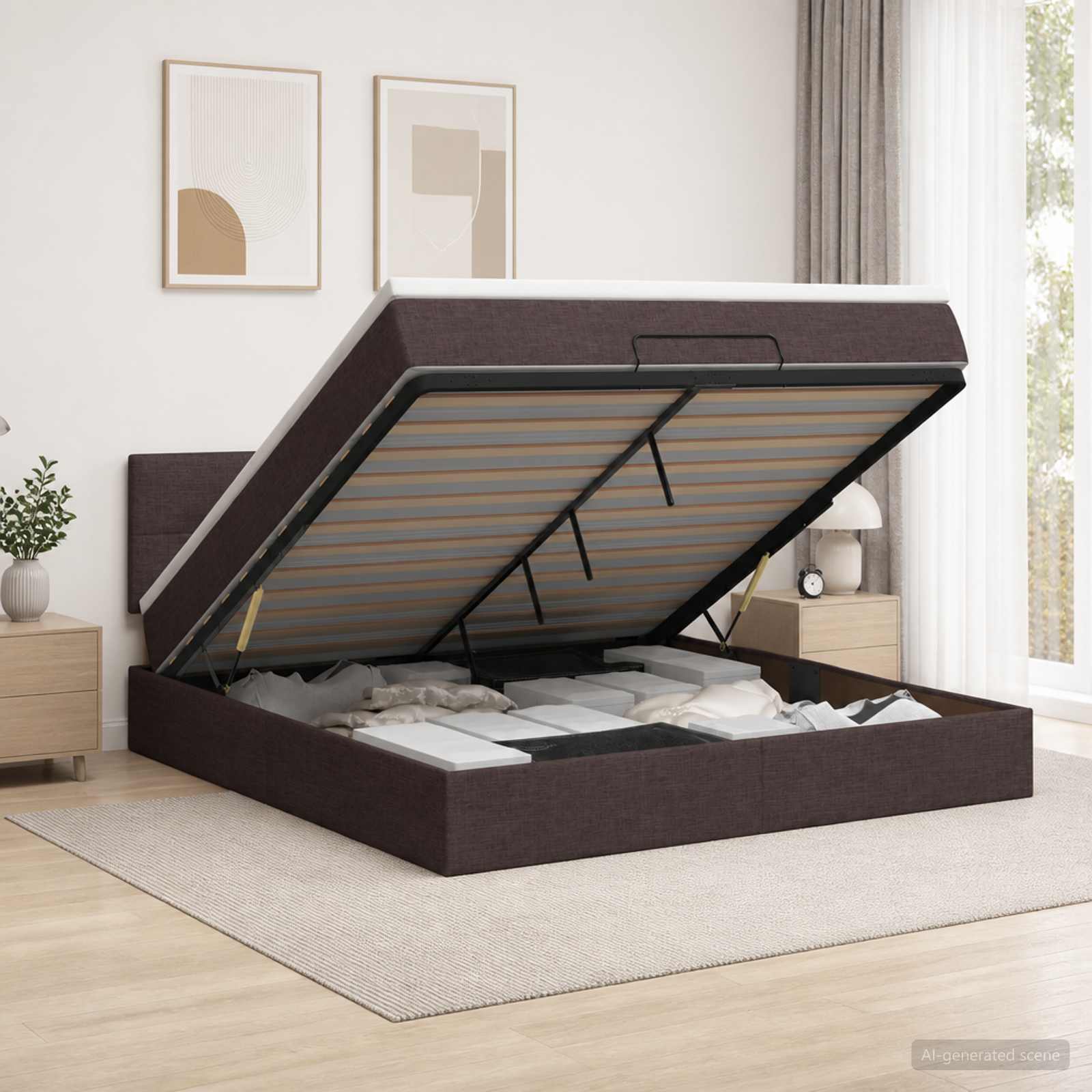 Ottoman seng med opbevaring og madras 140 x 190 cm mørk brun stof