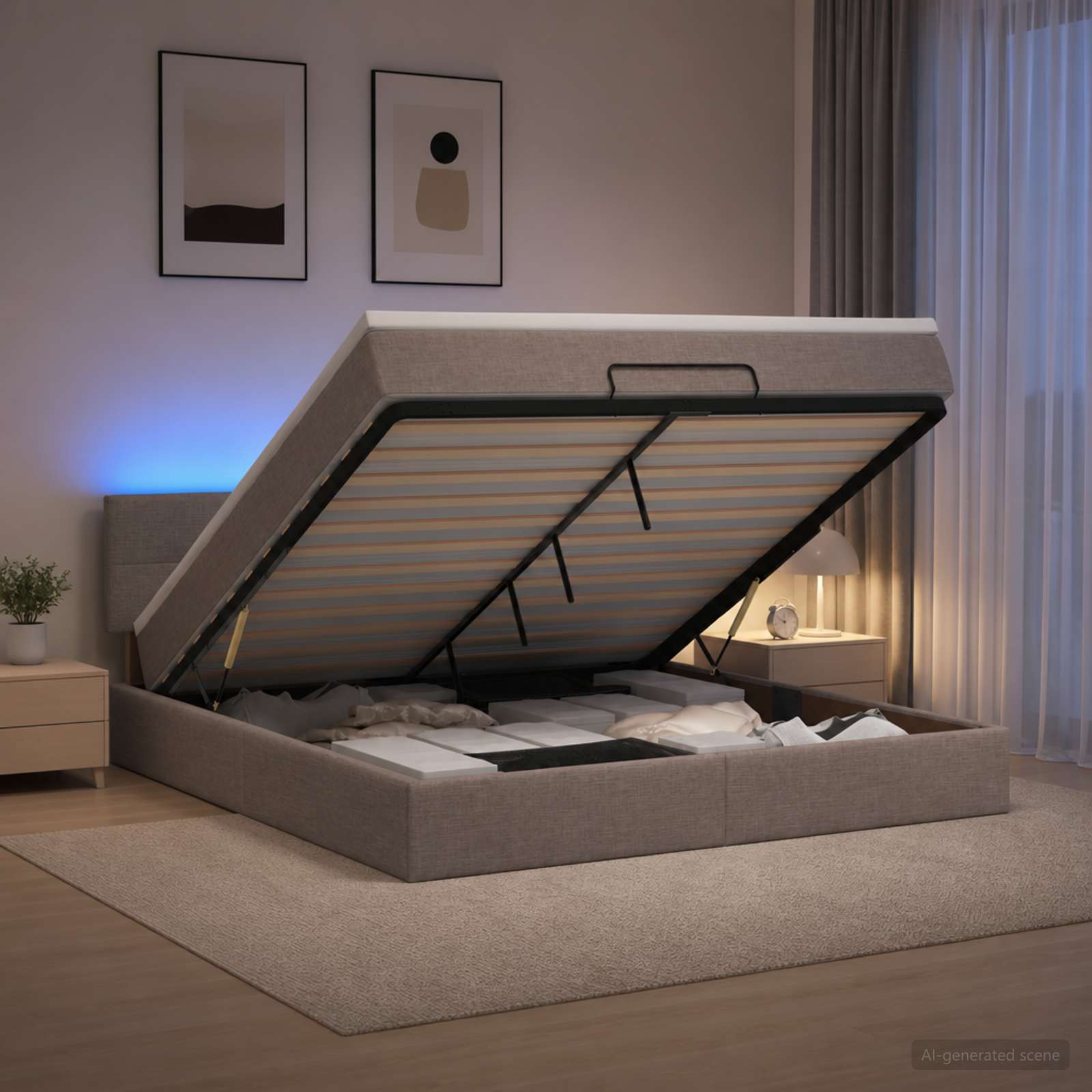 Ottoman seng med opbevaring, madras og LED 140 x 200 cm - gråbrun stof