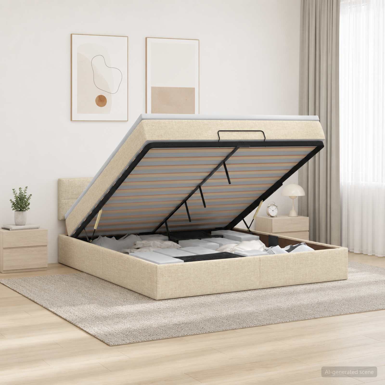 Ottoman seng med opbevaring 180 x 200 cm cremefarvet stof inkl. madras