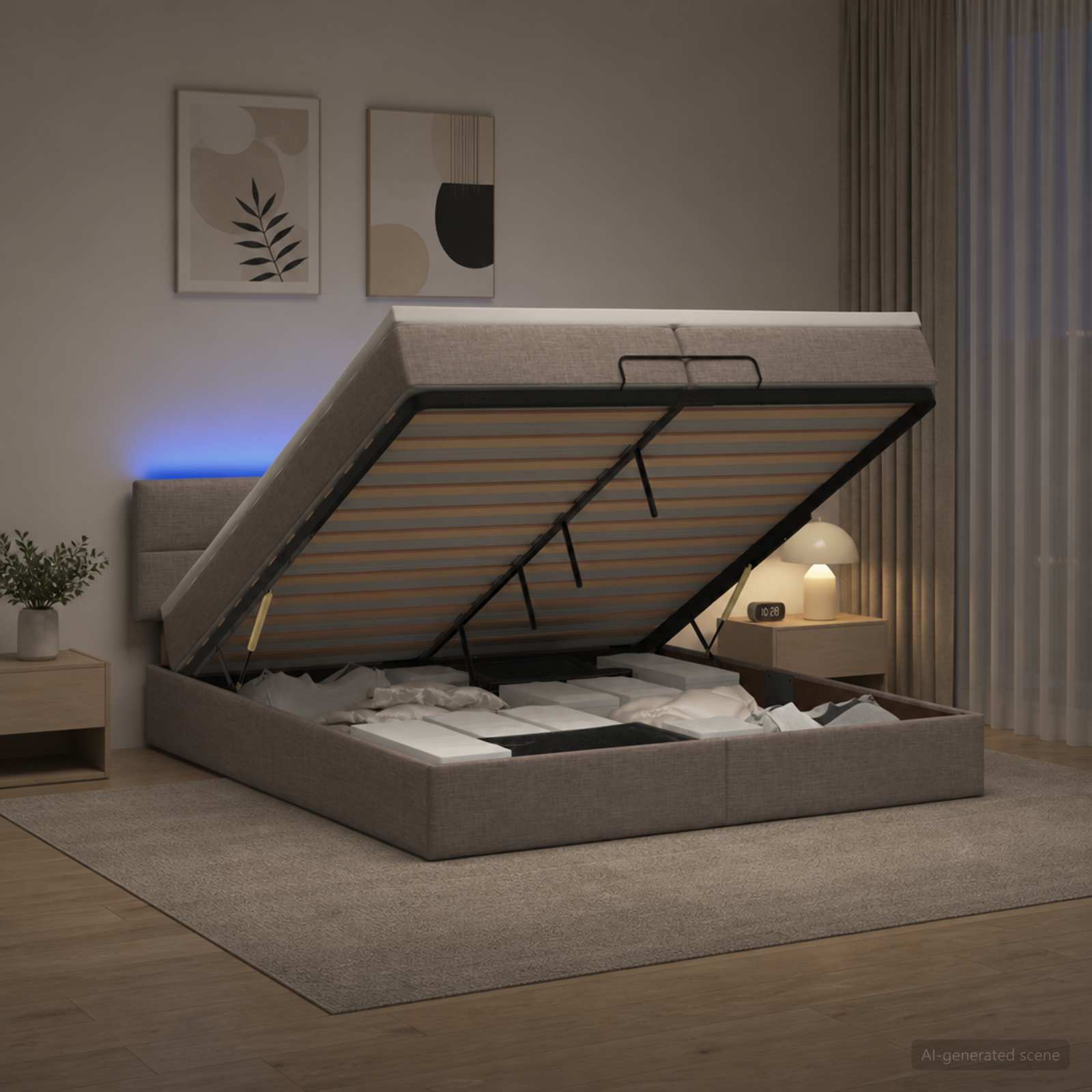 Otomanska postelja z vzmetnico in LED Taupe 200 x 200 cm Blago