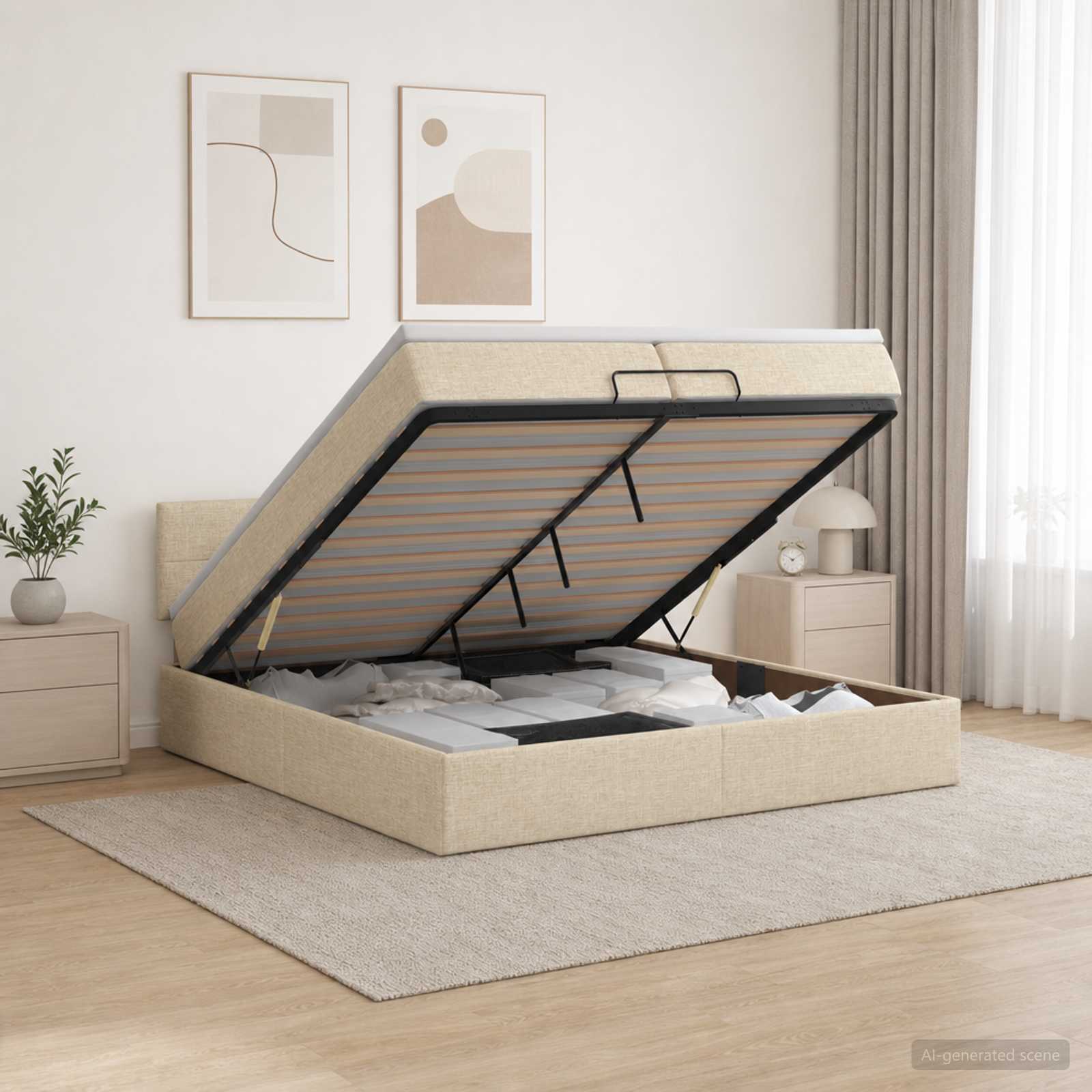 Ottoman seng med opbevaring og madras 200 x 200 cm - cremefarvet stof