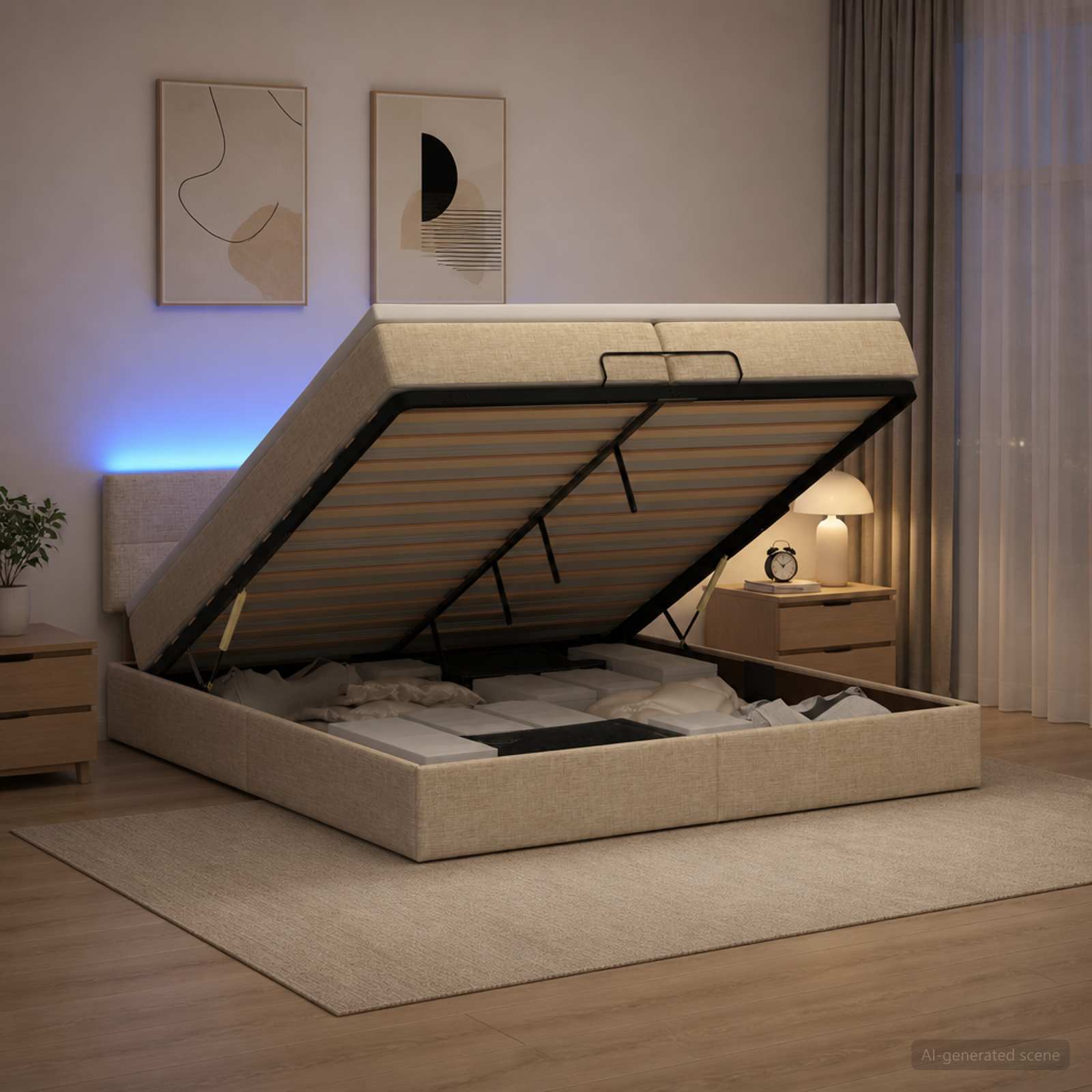 vidaXL Ottoman Bed met Matrassen en LED Crèmekleurig 200 x 200 cm Stof, foto 4