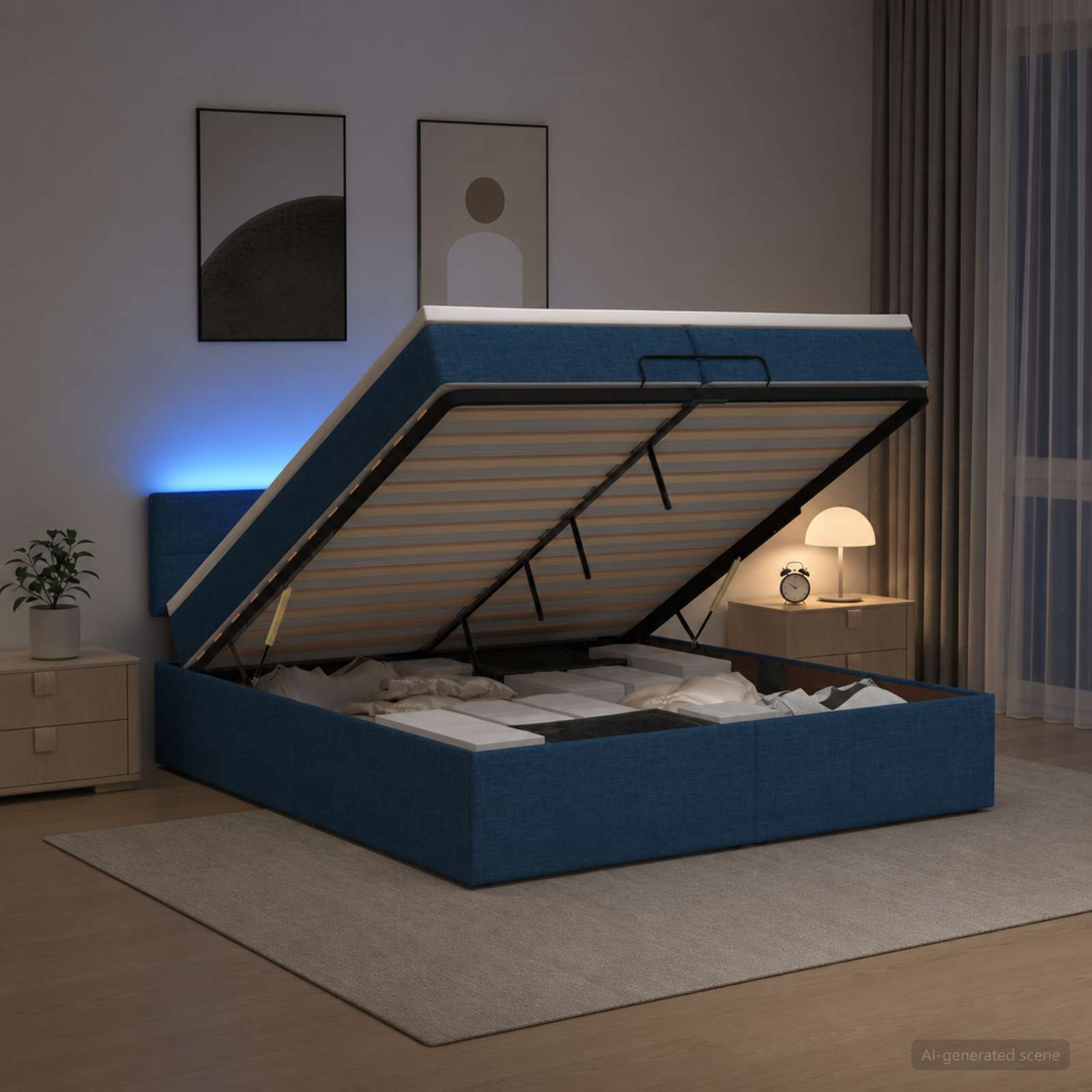 Отоман с матрак и LED с LED ленти Синьо 200 x 200 cm Текстил
