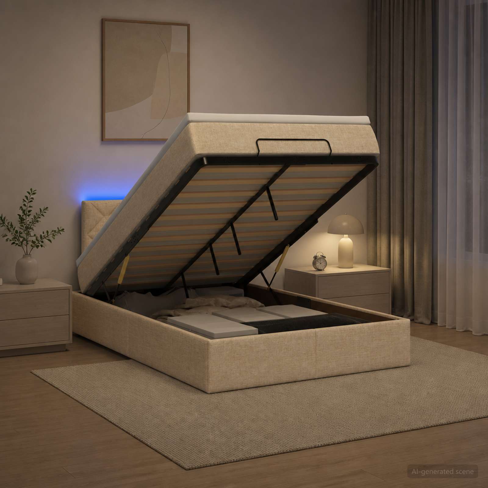 Otomanska postelja z vzmetnico in LED Krem 120 x 190 cm Blago