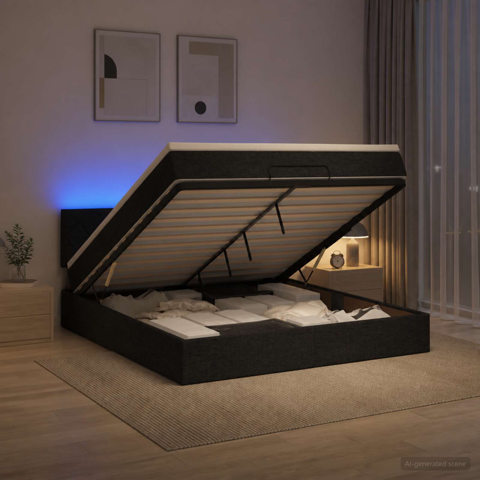 Отоман с матрак и LED с LED ленти Черно 140 x 190 cm Текстил