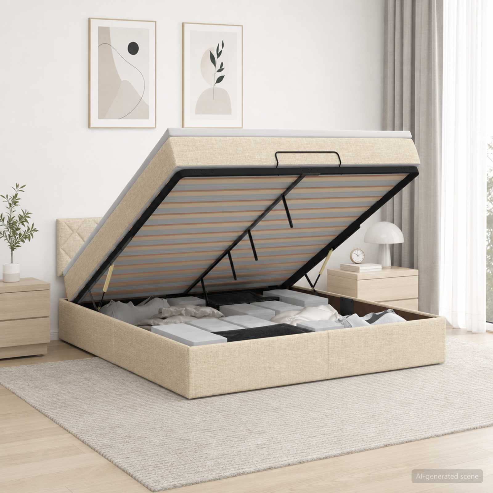 Ottoman seng 180 x 200 cm med madras og opbevaring - cremefarvet stof