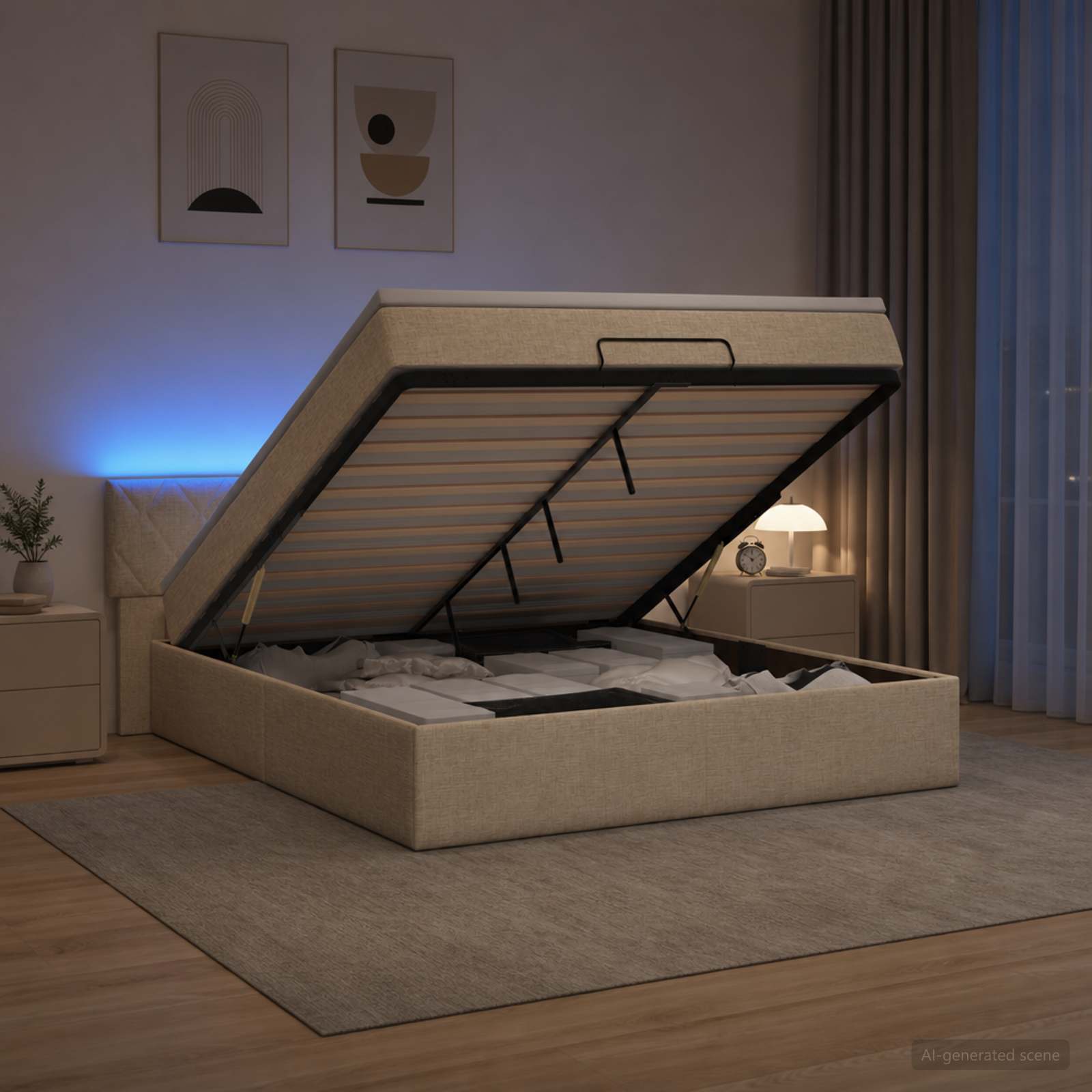 Otomanska postelja z vzmetnico in LED Krem 140 x 190 cm Blago