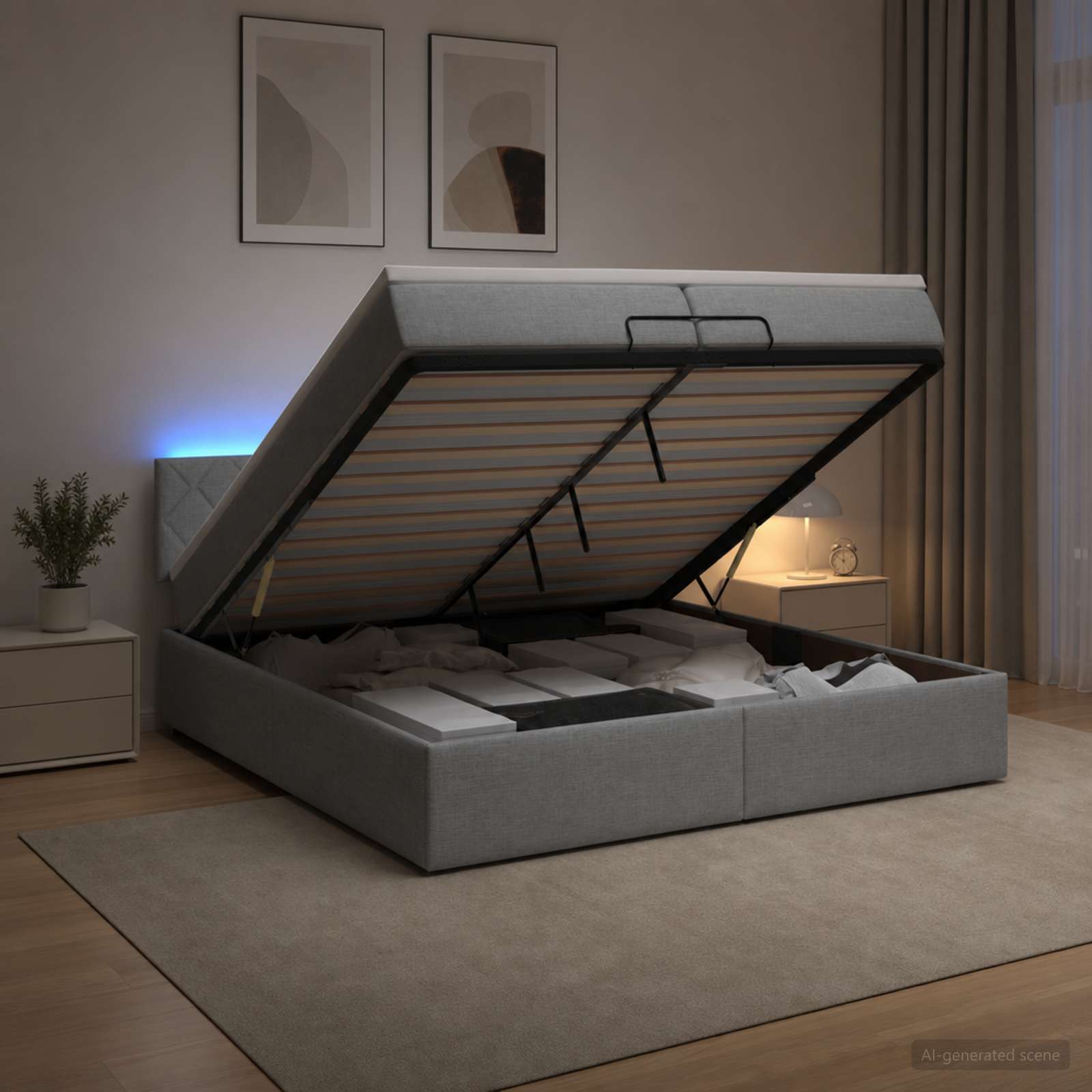 vidaXL Ottoman Bed met Matrassen en LED Lichtgrijs 200 x 200 cm Stof, foto 4