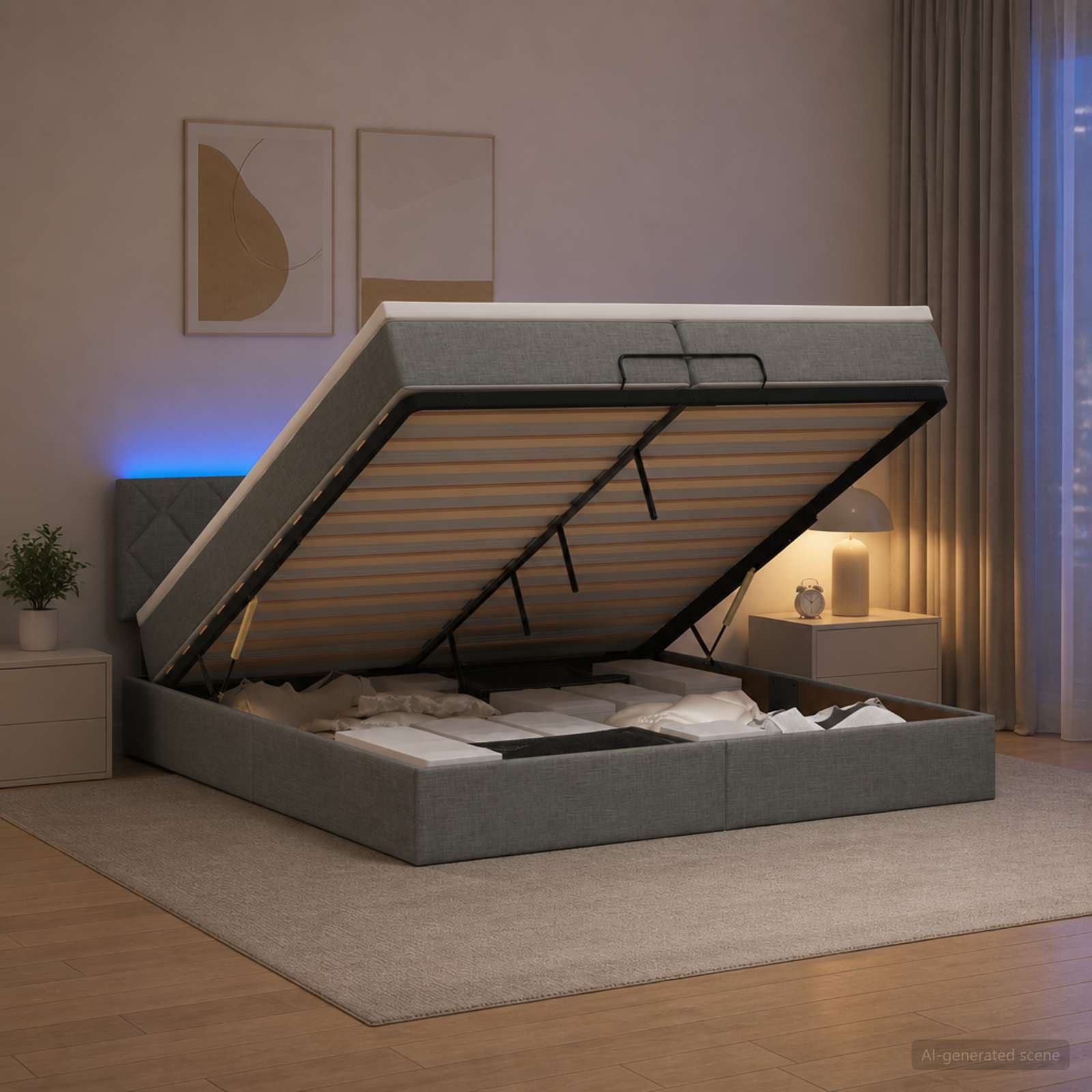 Отоман с матрак и LED с таблото Тъмносиво 200 x 200 cm Текстил