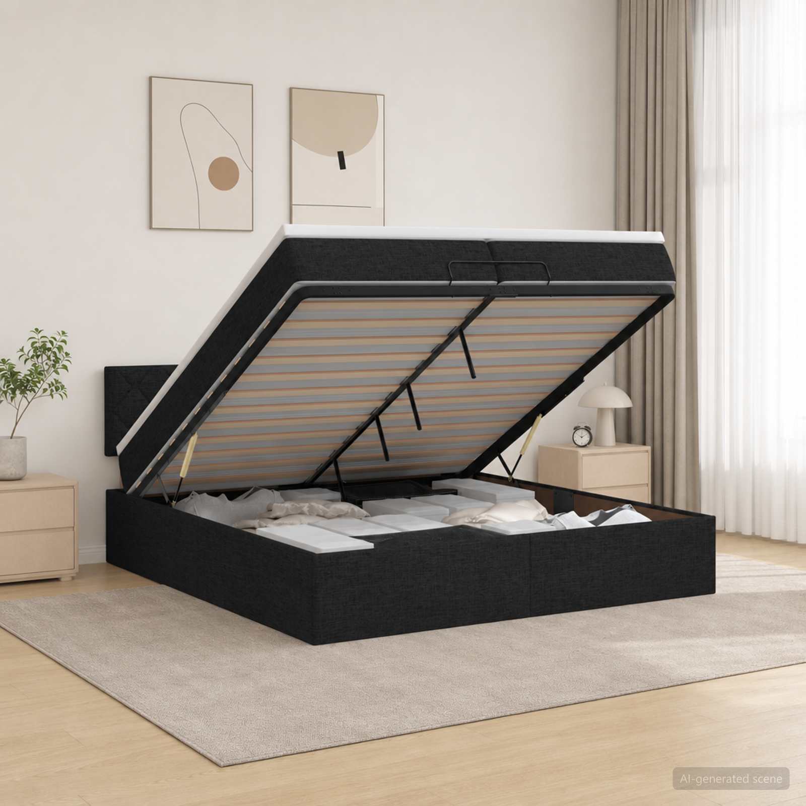 Отоман с матрак и LED с LED ленти Черно 200 x 200 cm Текстил