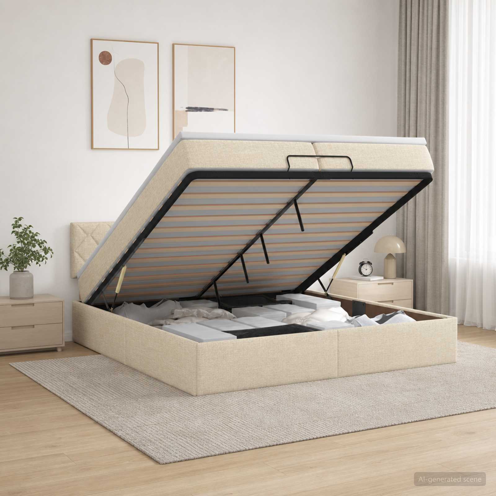 Ottoman seng med opbevaring og madras 200 x 200 cm cremefarvet stof