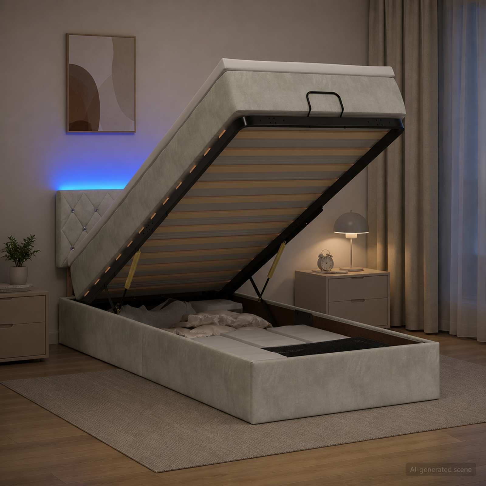Отоман с матрак и LED с LED ленти Светлосиво 90 x 190 cm Кадифе