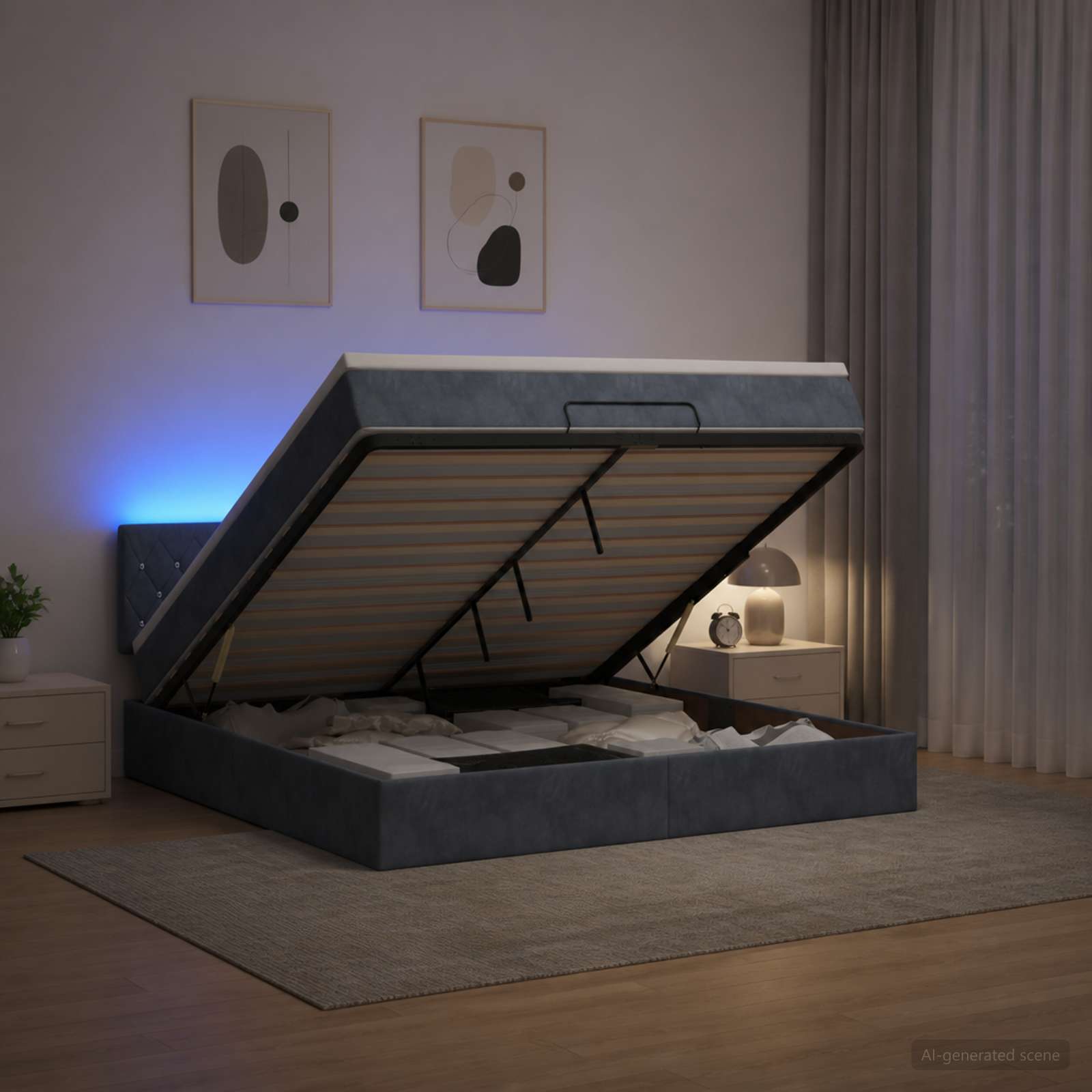 Otomanska postelja z vzmetnico in LED Temno siva 140 x 190 cm