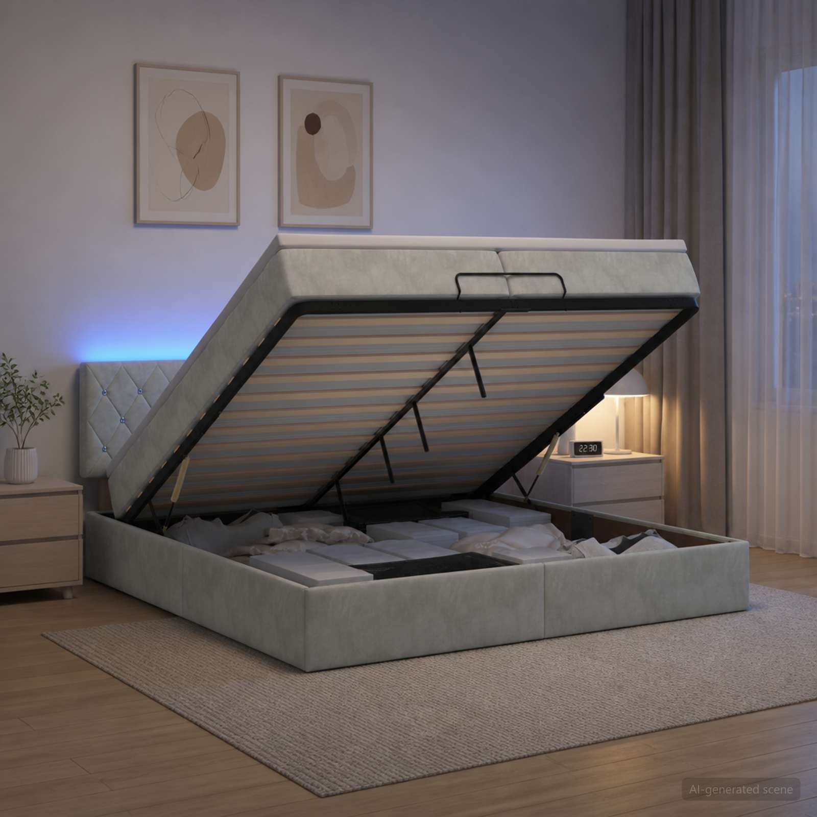 vidaXL Ottoman seng med madras og LED Lysegrå 200 x 200 cm Velour