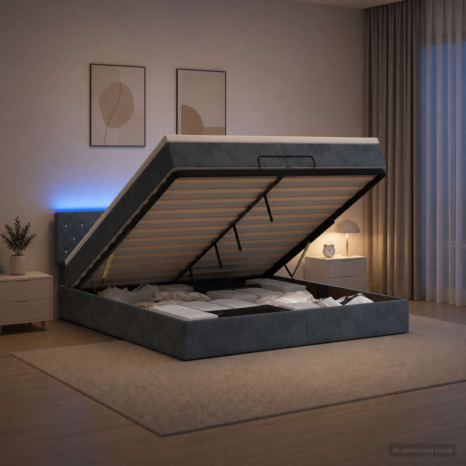 Отоман с матрак и LED с LED ленти Тъмносиво 200 x 200 cm Кадифе