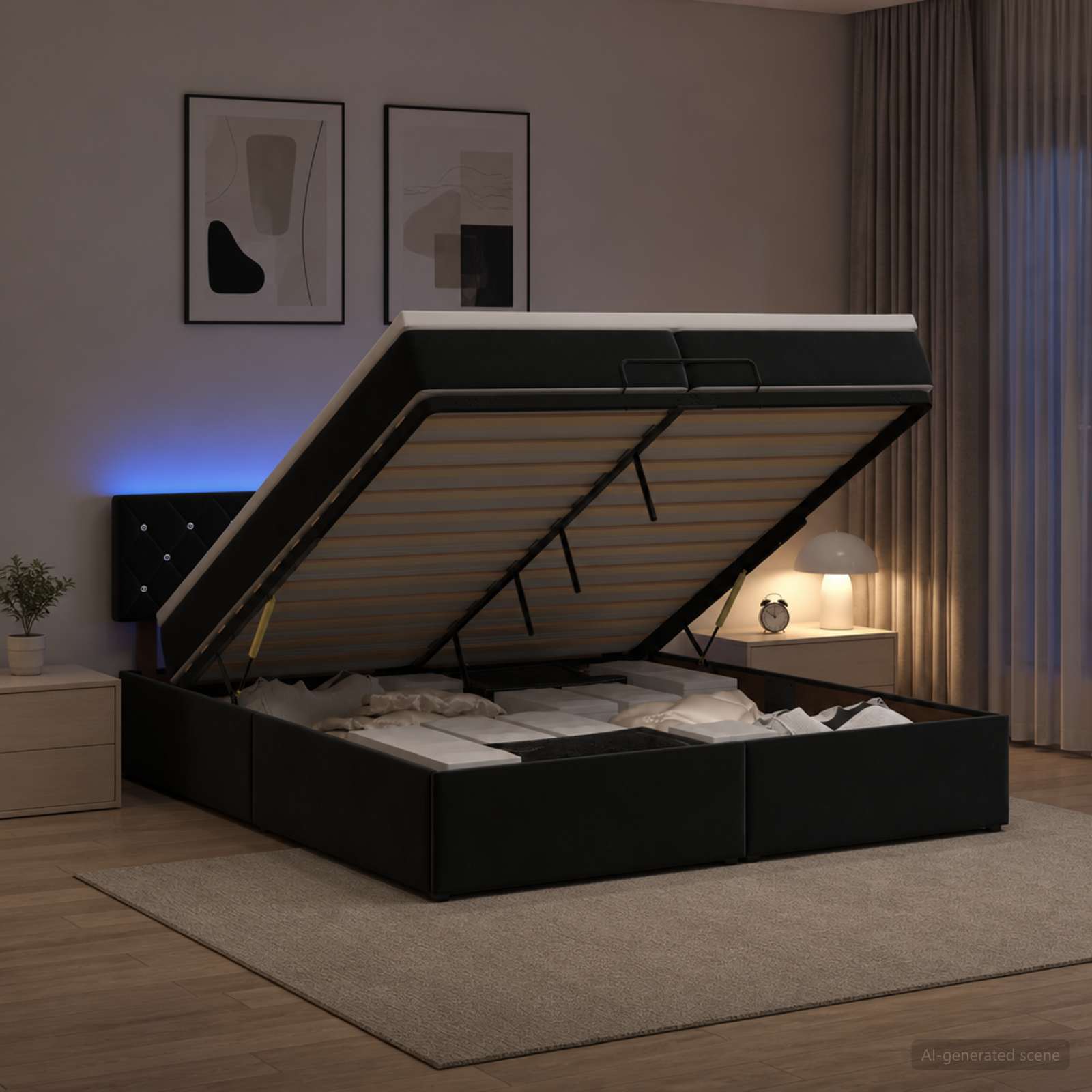 vidaXL Ottoman Bed met Matrassen en LED Zwart 200 x 200 cm fluweel, foto 4