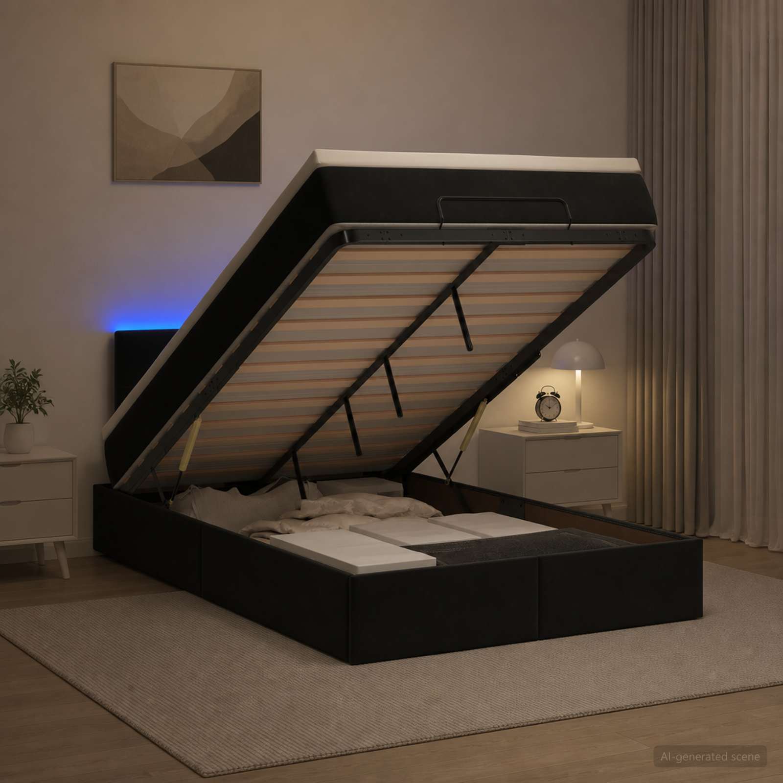 Отоман с матрак и LED с LED ленти Черно 120 x 190 cm Кадифе