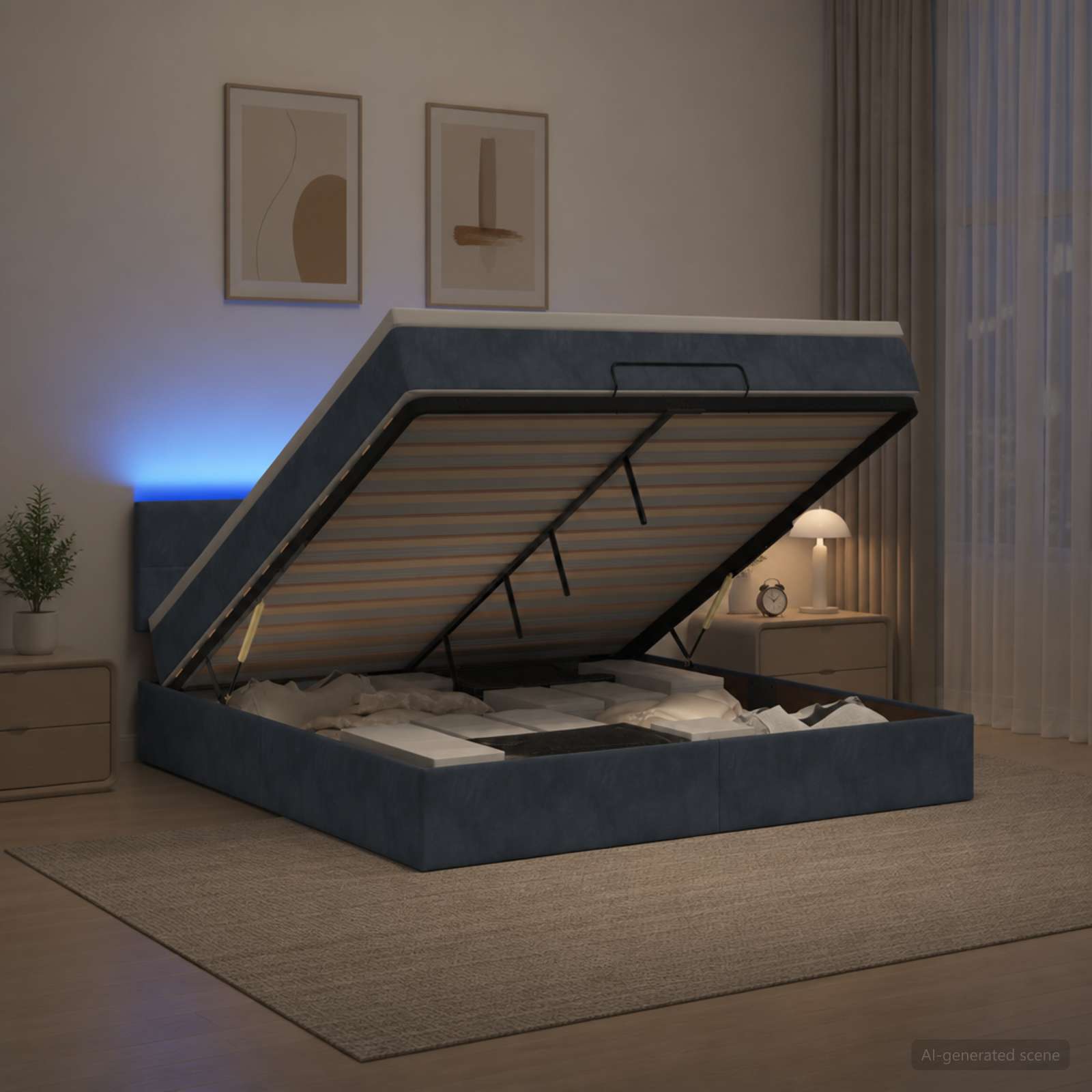 Отоман с матрак и LED с LED ленти Тъмносиво 140 x 190 cm Кадифе