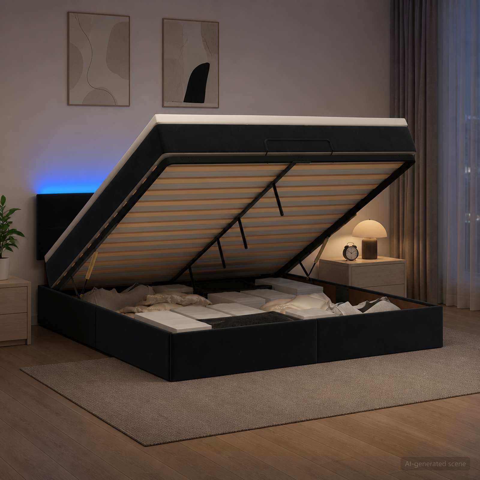 Отоман с матрак и LED с LED ленти Черно 140 x 190 cm Кадифе