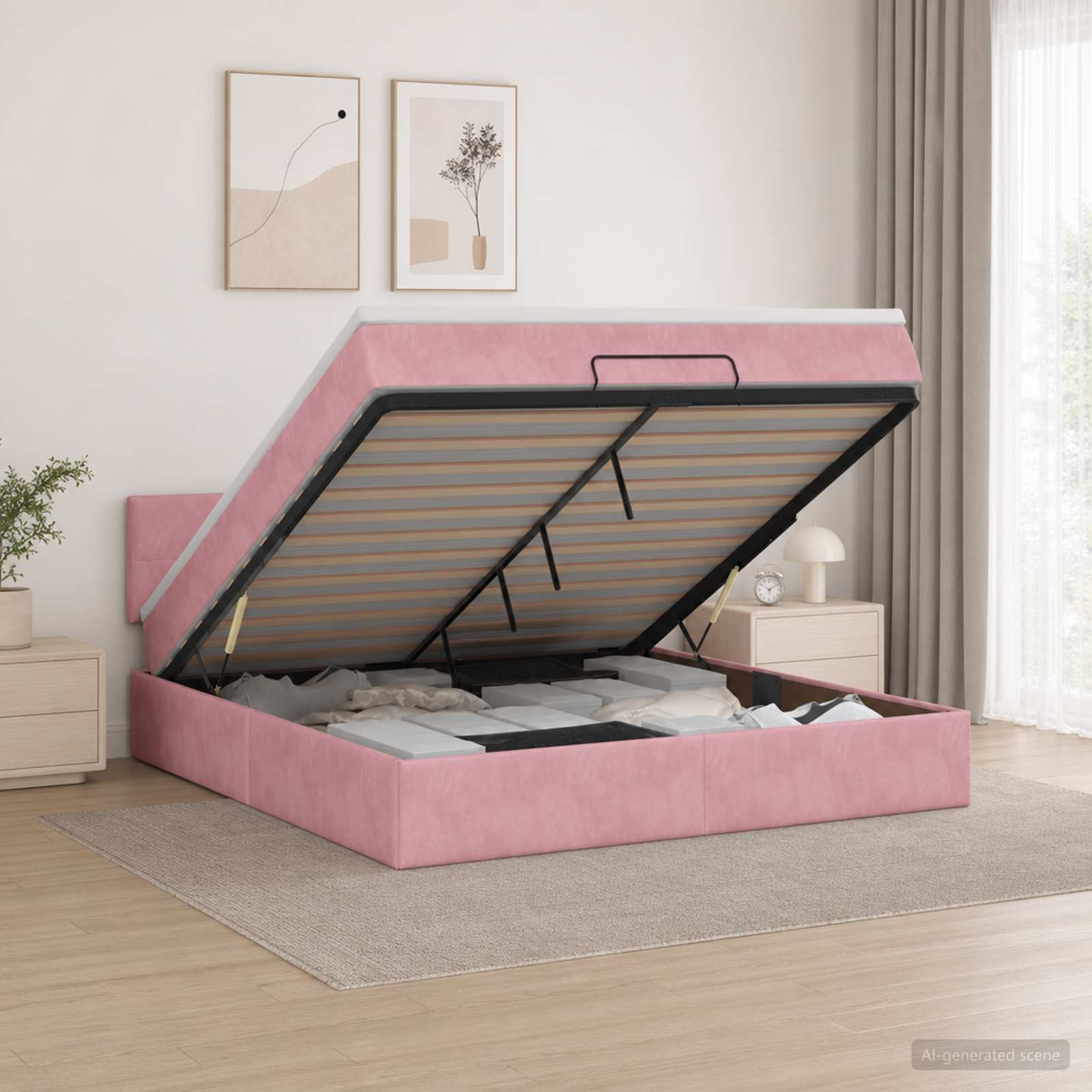 Ottoman seng med opbevaring, madras og LED - lyserød 140 x 200 cm velour