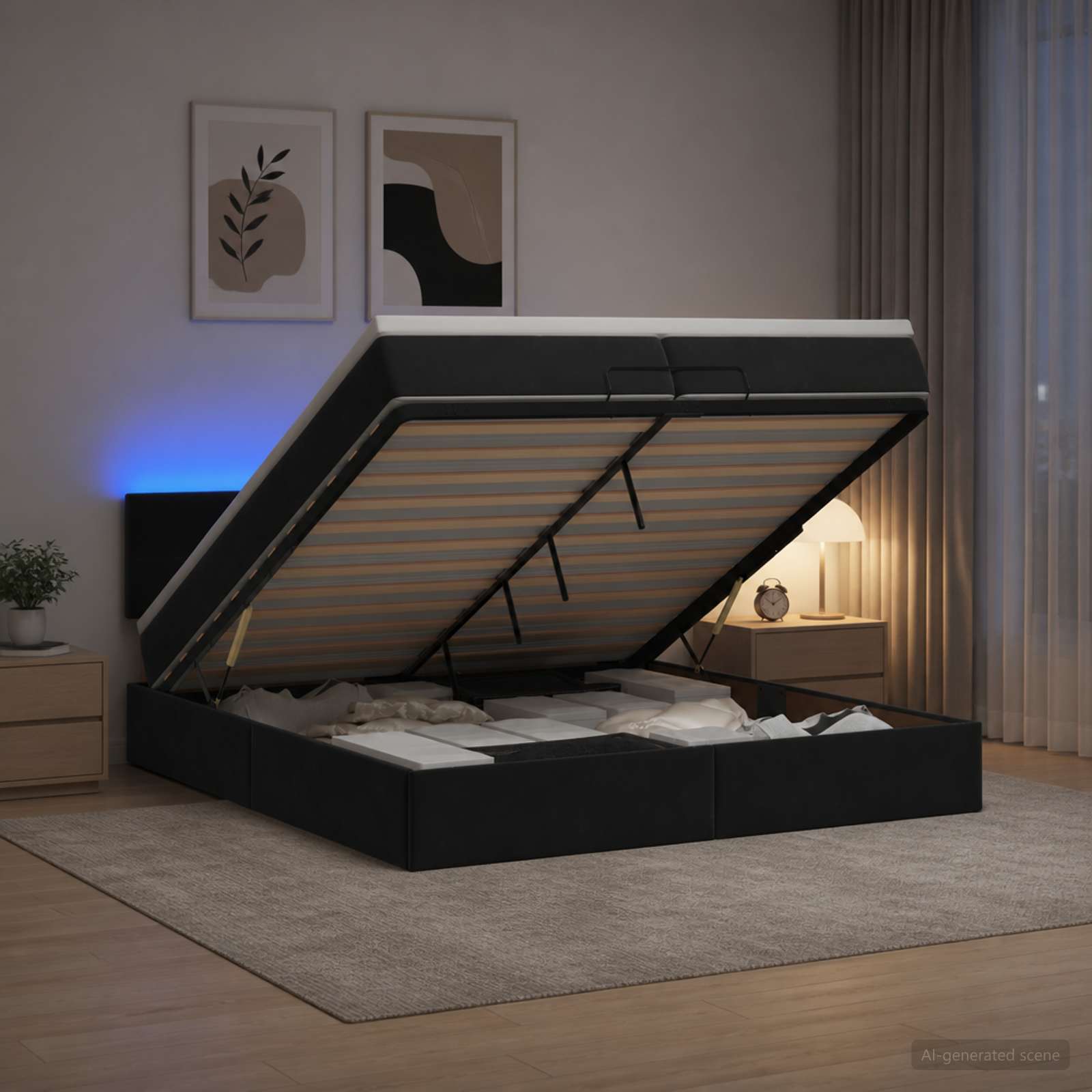 vidaXL Ottoman seng med madras og LED Sort 200 x 200 cm Velour