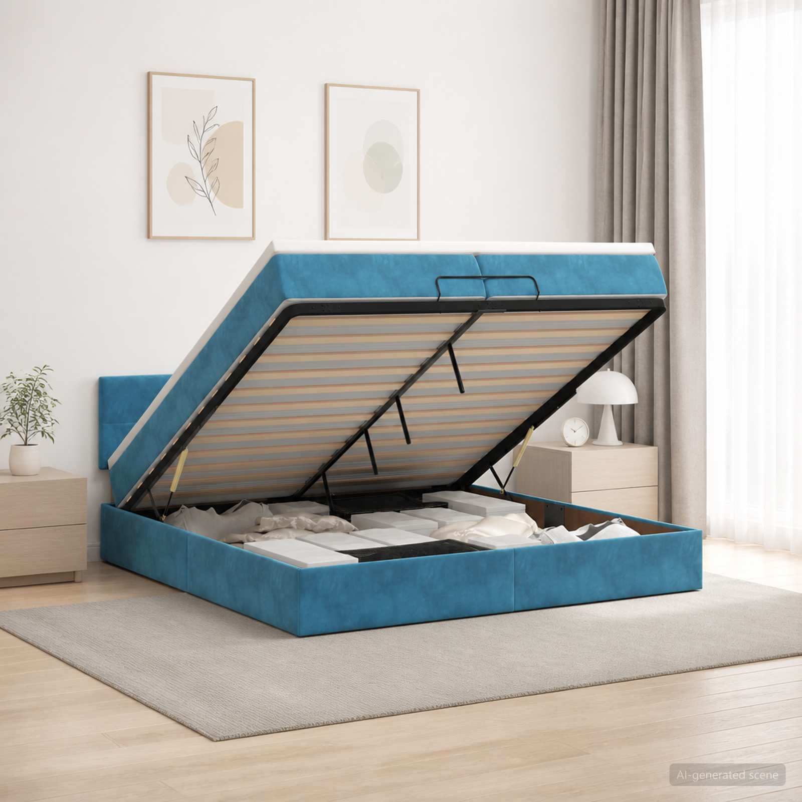 Ottoman Bed met Matrassen en LED Donkerblauw 200 x 200 cm – afbeelding 1
