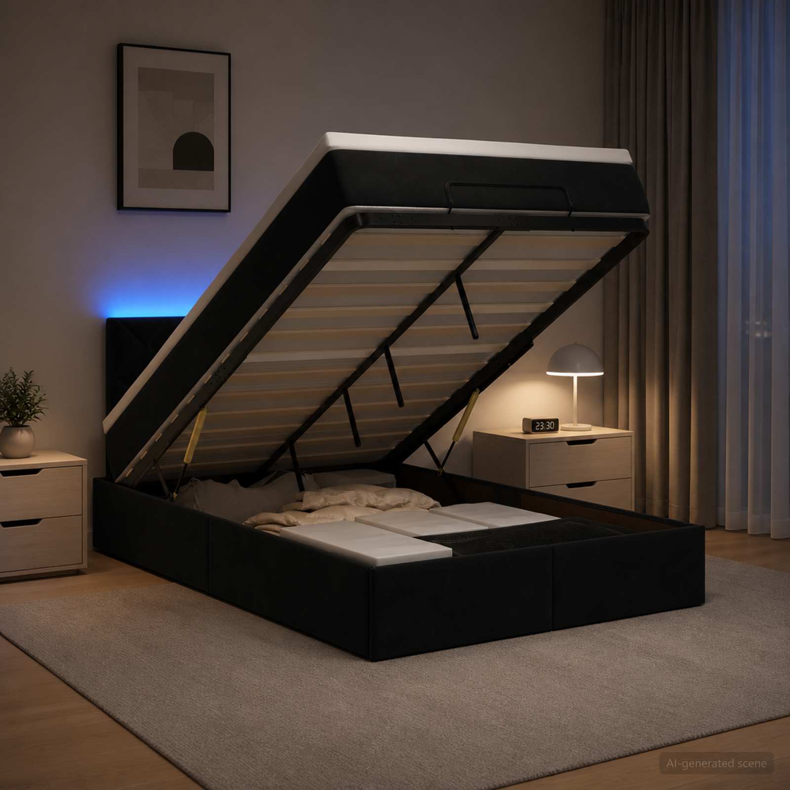 Отоман с матрак и LED с LED ленти Черно 120 x 190 cm Кадифе