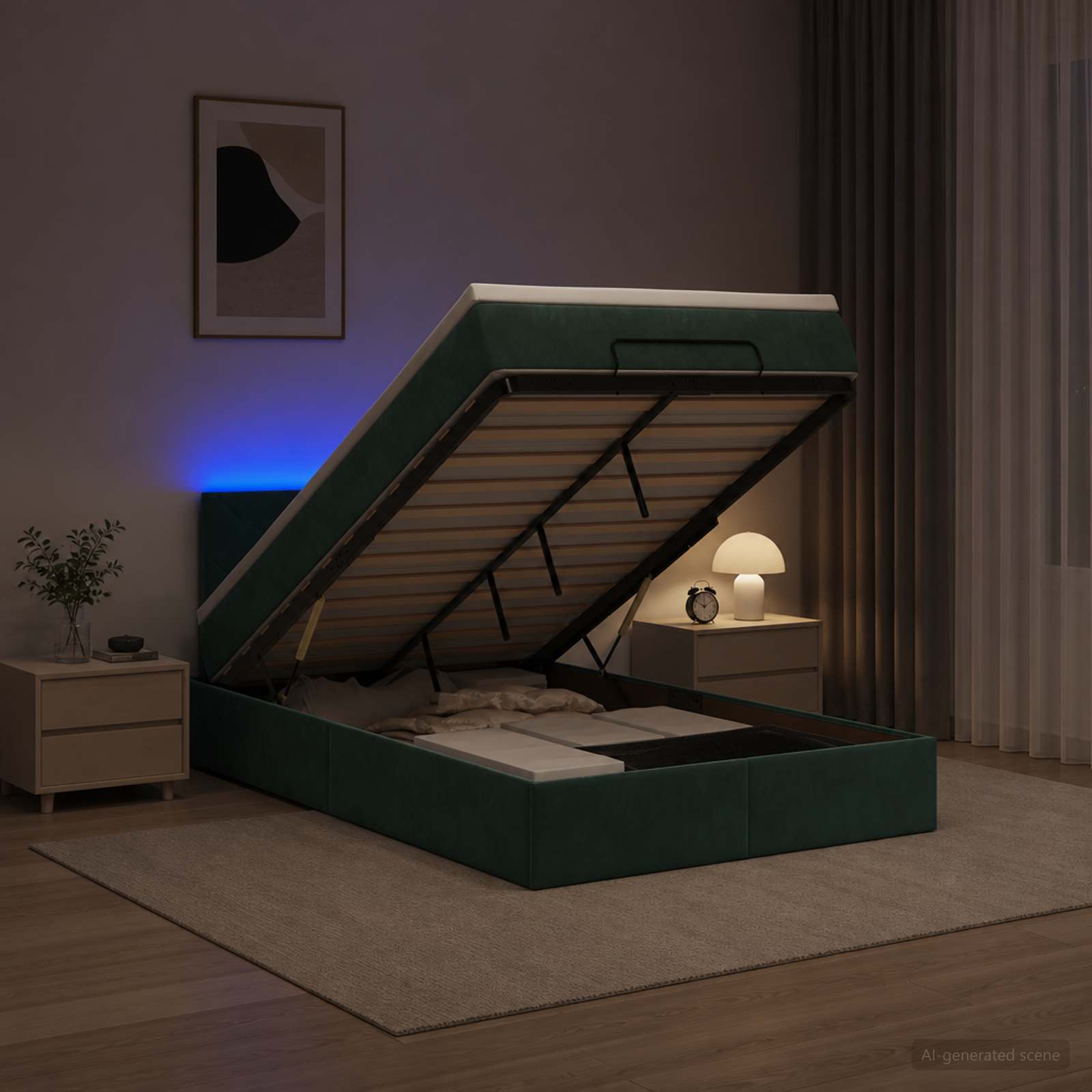 Ottoman seng med madras og LED 120 x 200 cm - mørkegrøn velour med opbevaring