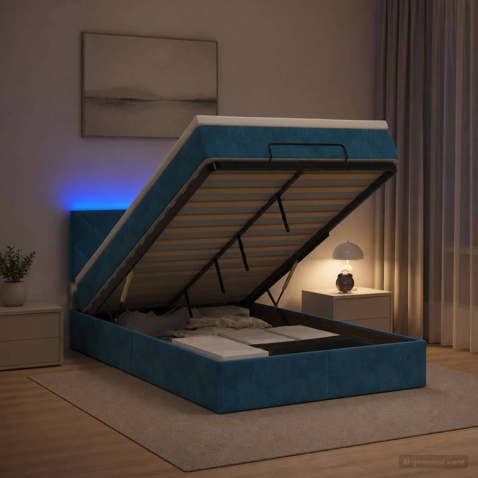 Отоман с матрак и LED с таблото Тъмносиньо 120 x 190 cm Кадифе