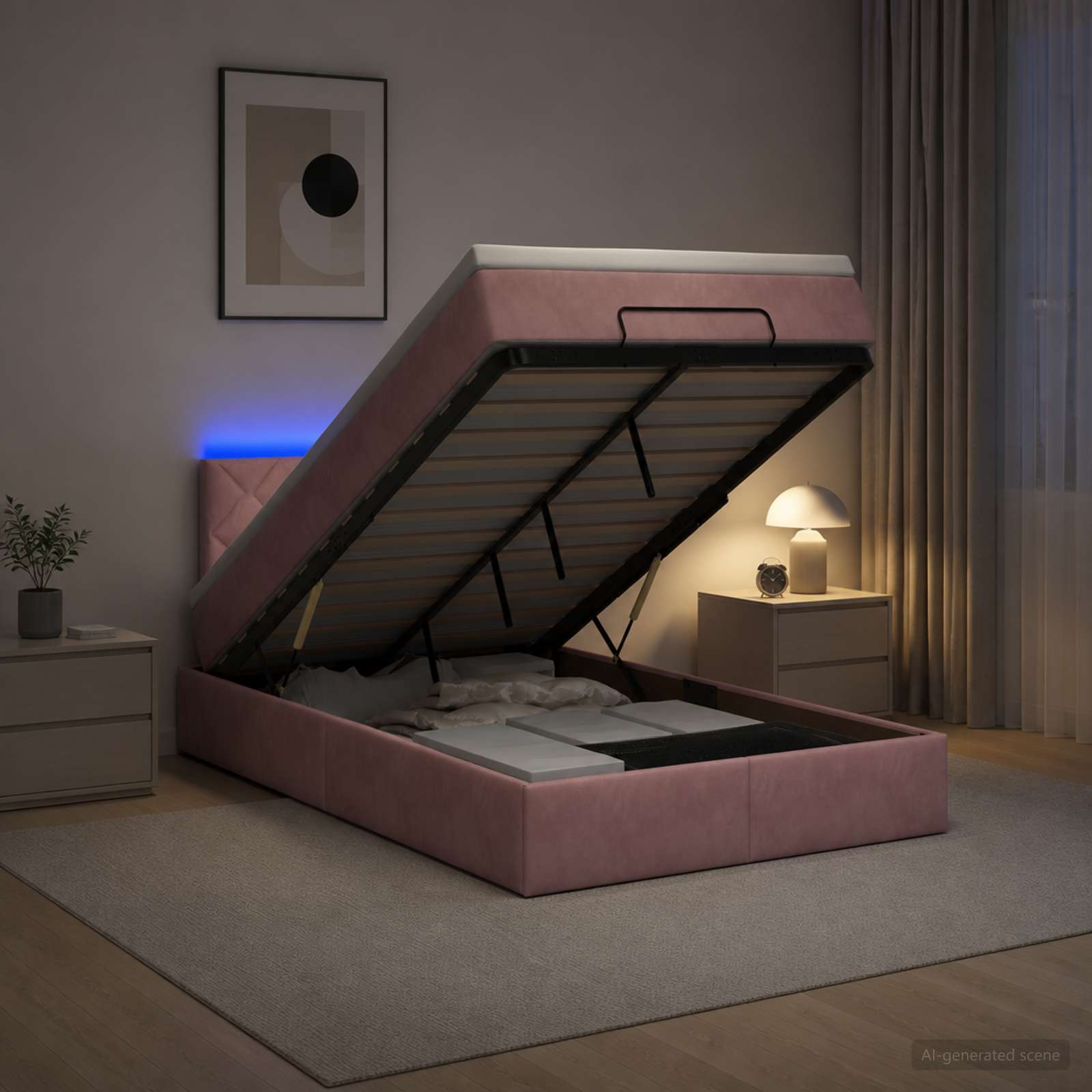 Отоман с матрак и LED с LED ленти Розово 120 x 190 cm Кадифе