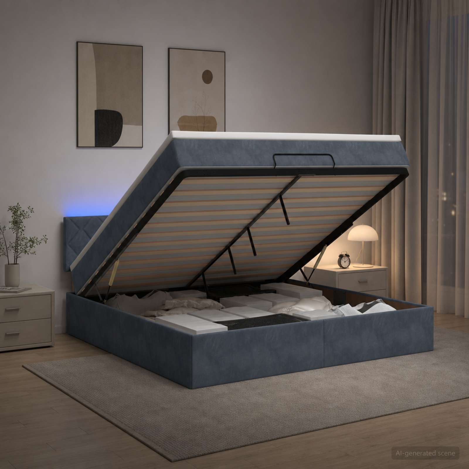Отоман с матрак и LED с LED ленти Тъмносиво 140 x 190 cm Кадифе