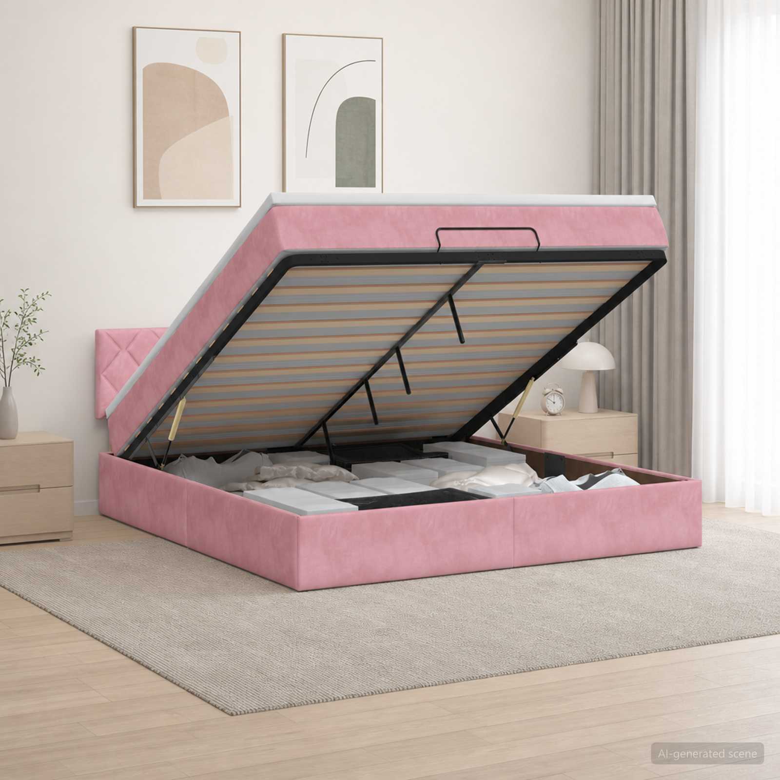 Ottoman seng med opbevaring, madras og LED i lyserød velour 180 x 200 cm