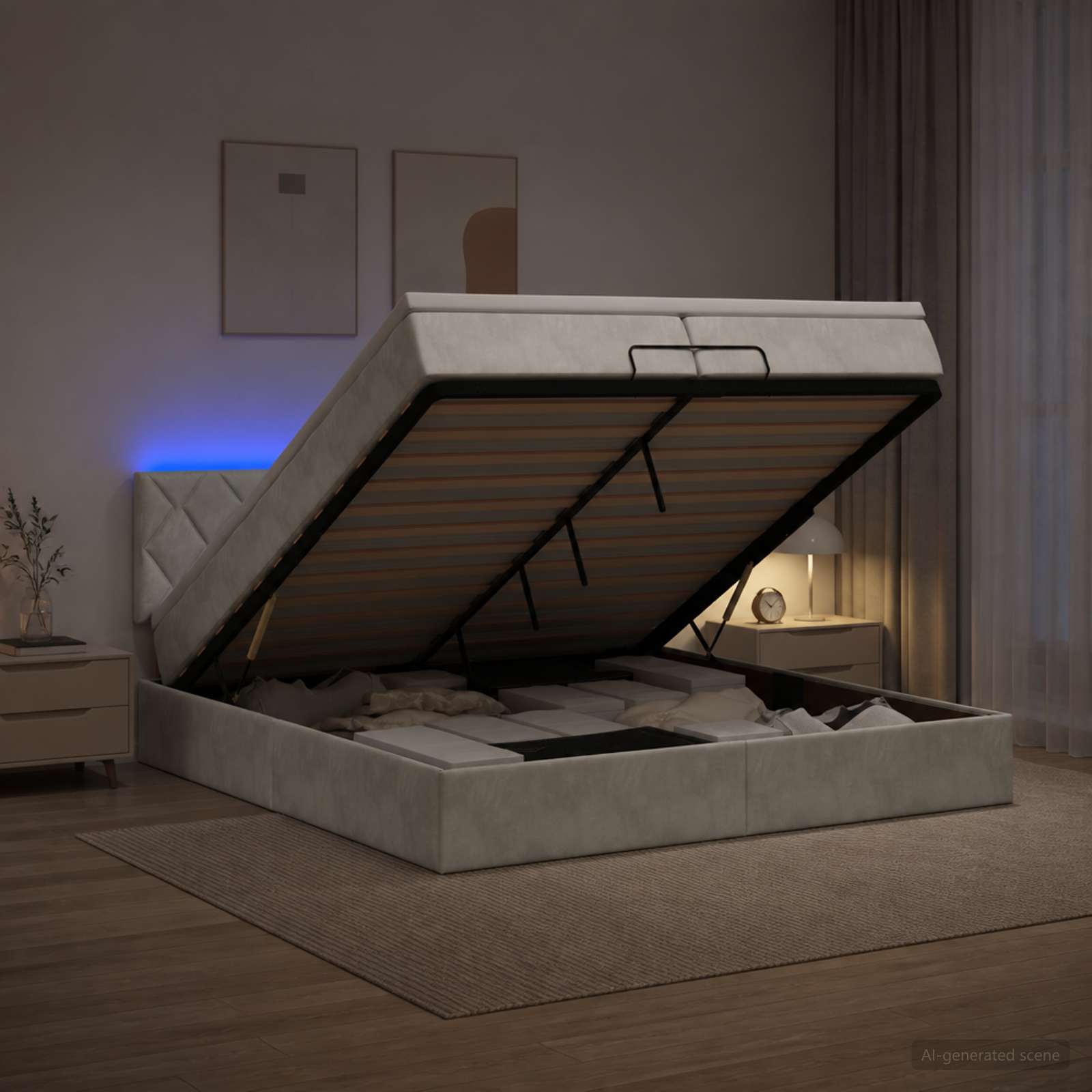 Отоман с матрак и LED с таблото Светлосиво 200 x 200 cm Кадифе