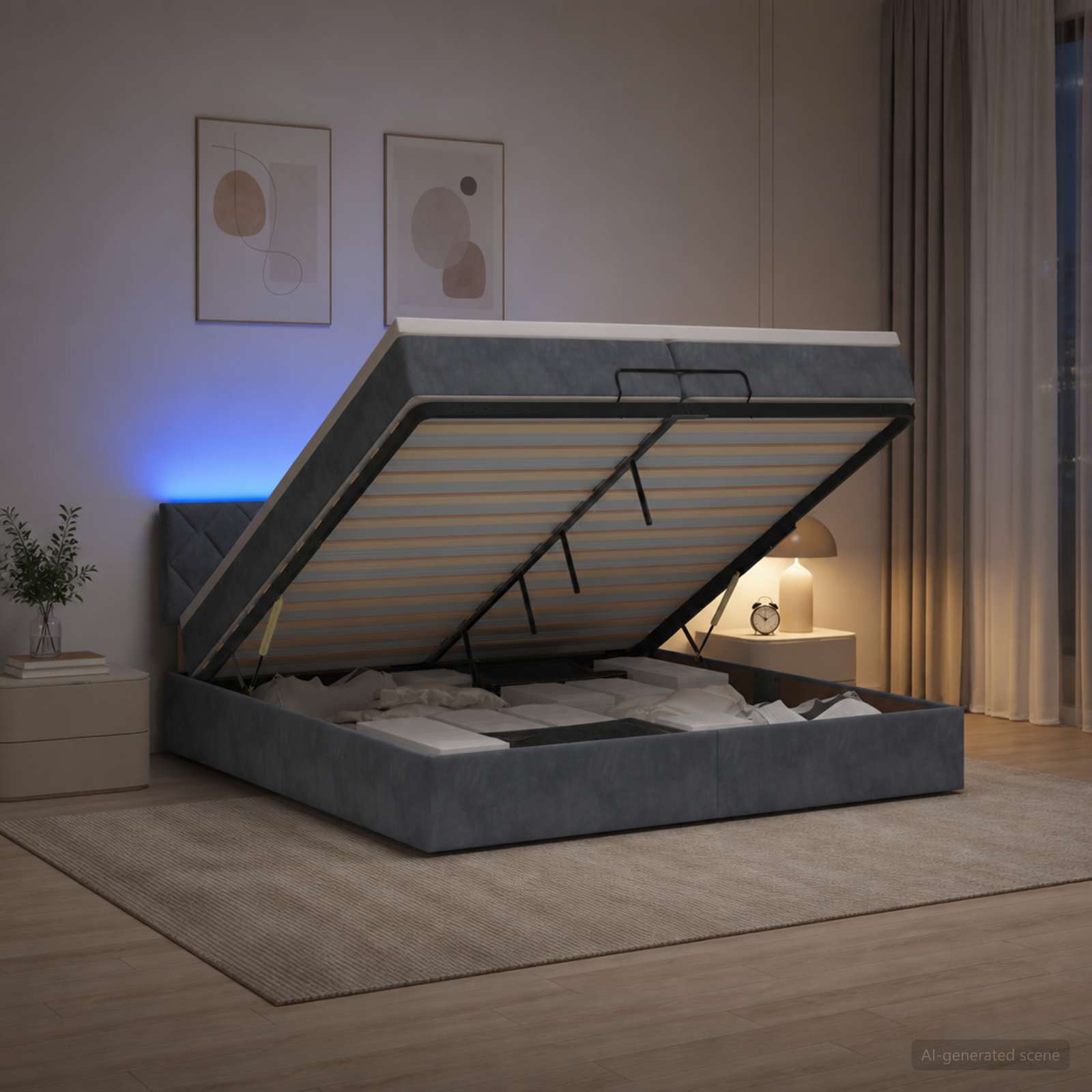 Отоман с матрак и LED с LED ленти Тъмносиво 200 x 200 cm Кадифе