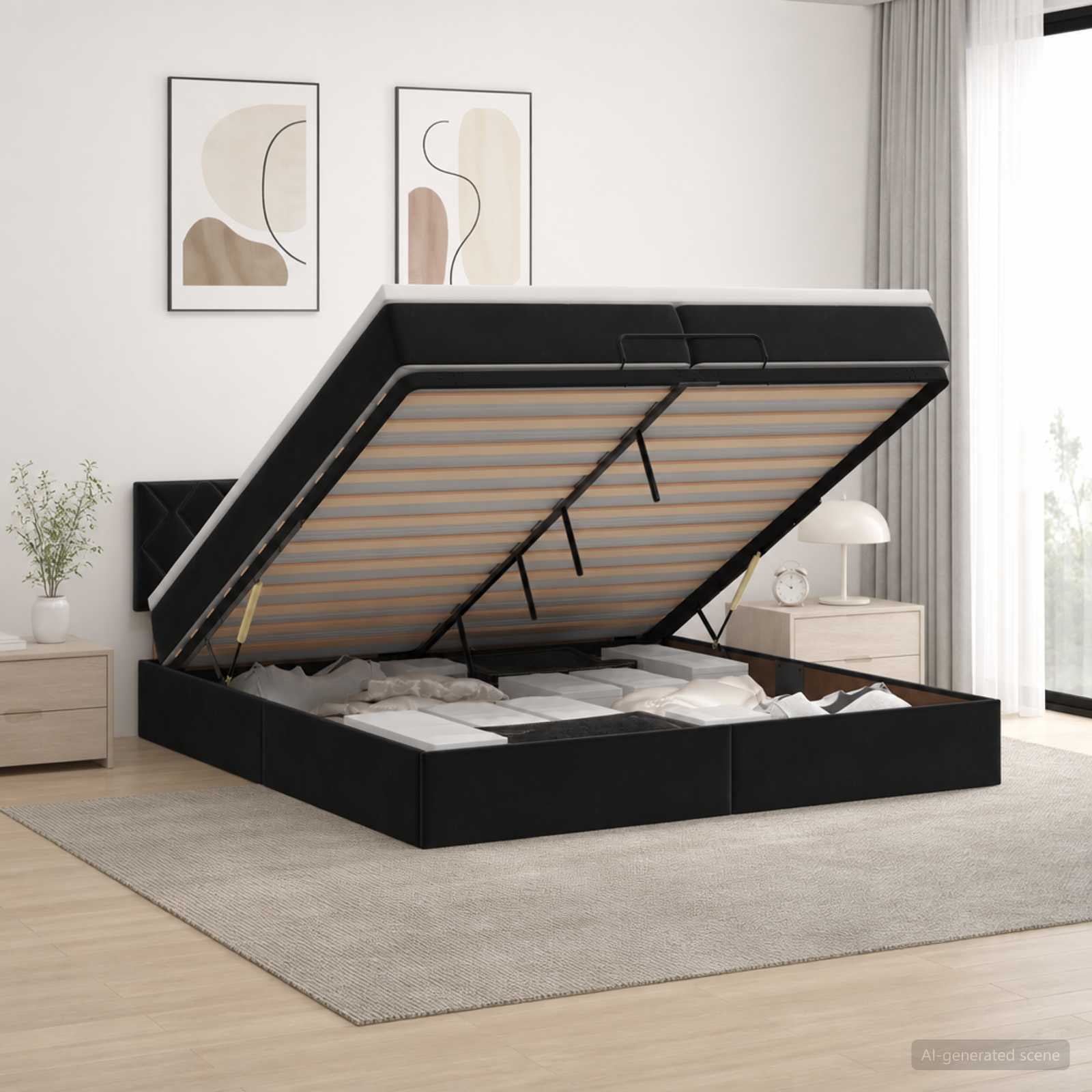 vidaXL Ottoman seng med madras og LED Sort 200 x 200 cm Velour