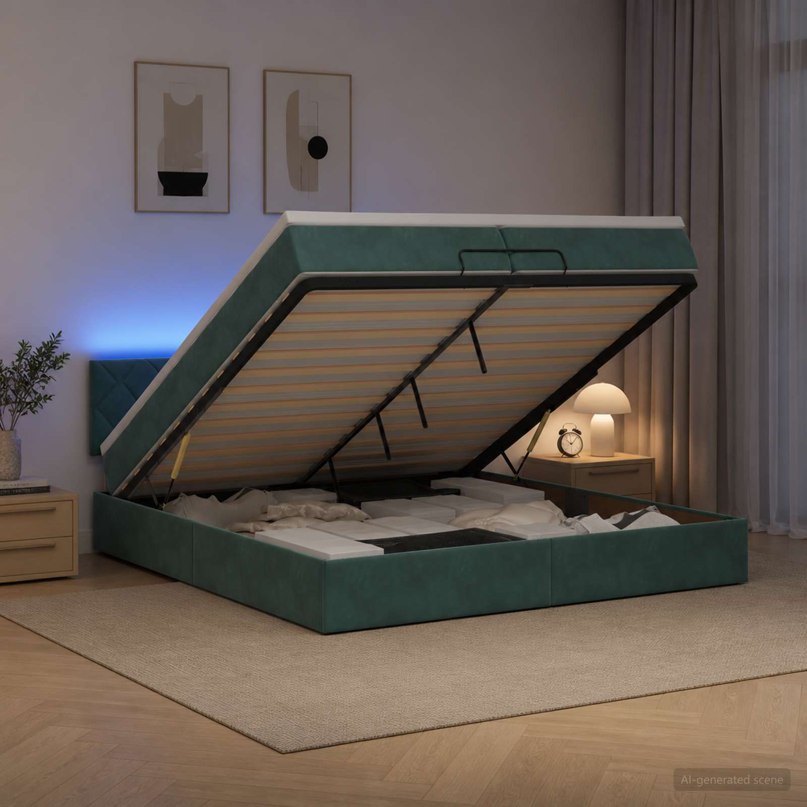 vidaXL Ottoman Bed met Matrassen en LED Donkergroen 200 x 200 cm groen, foto 4