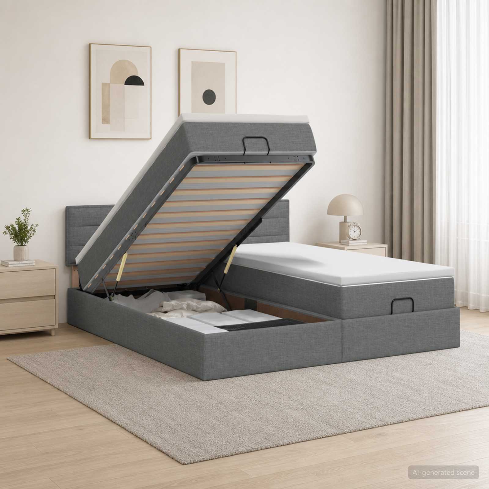 Ottoman Bed met Matrassen en LED Donkergrijs 200 x 200 cm Stof – afbeelding 1