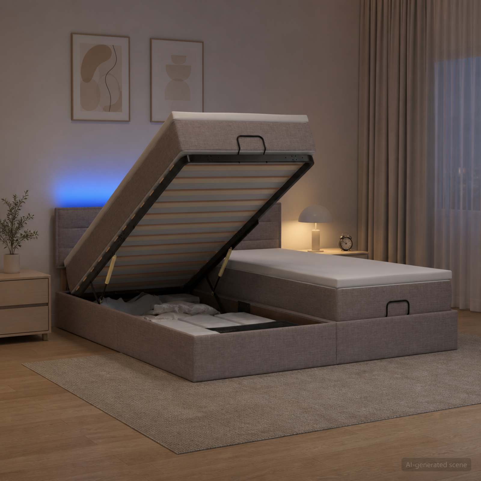 Otomanska postelja z vzmetnico in LED Taupe 200 x 200 cm Blago