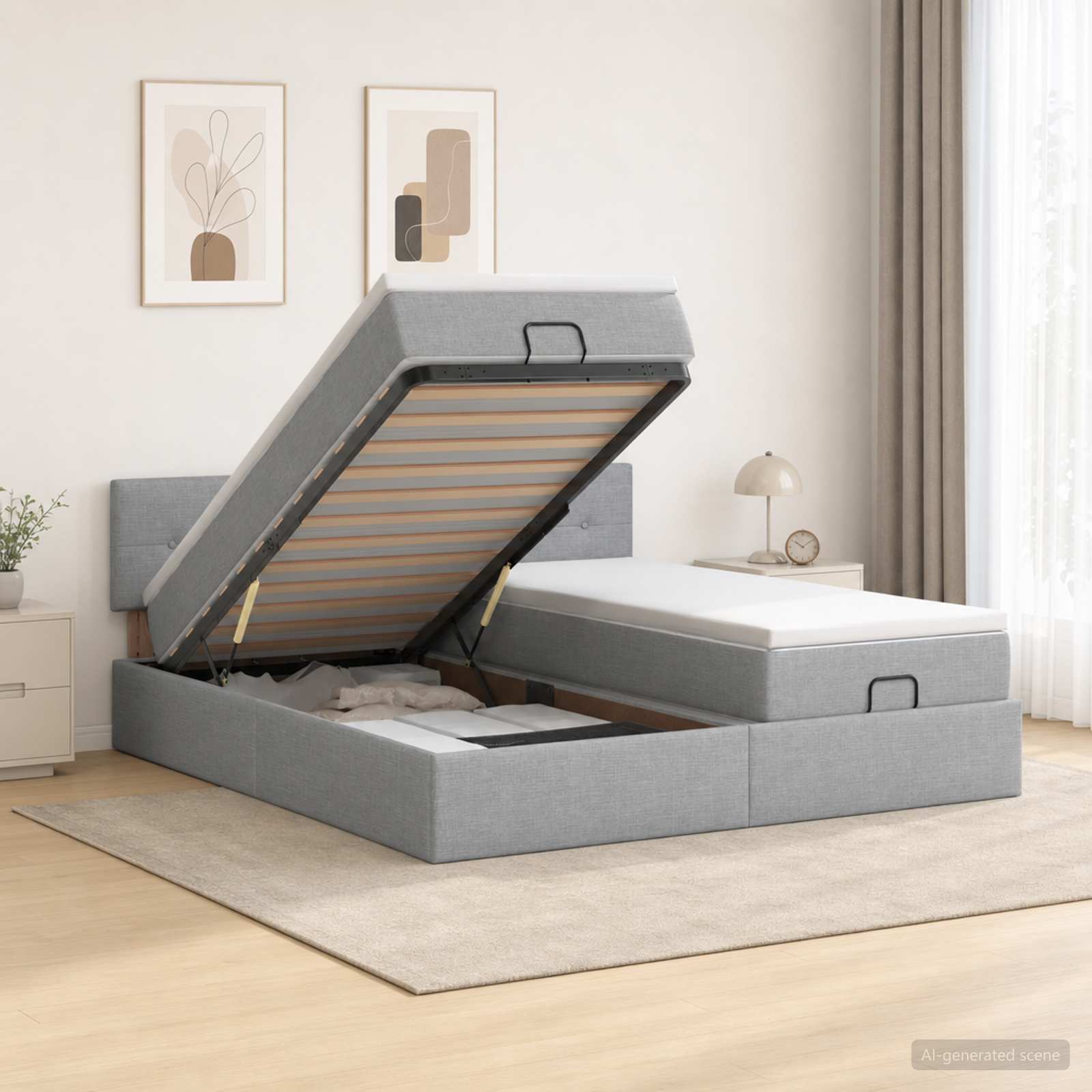 Ottoman Bed met Matrassen en LED Lichtgrijs 160 x 200 cm Stof – afbeelding 1
