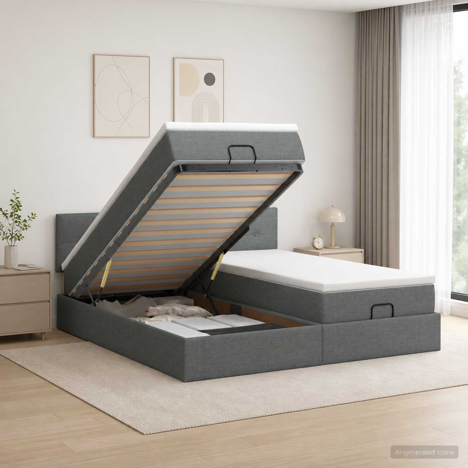 Ottoman Bed met Matrassen en LED Donkergrijs 160 x 200 cm Stof – afbeelding 1