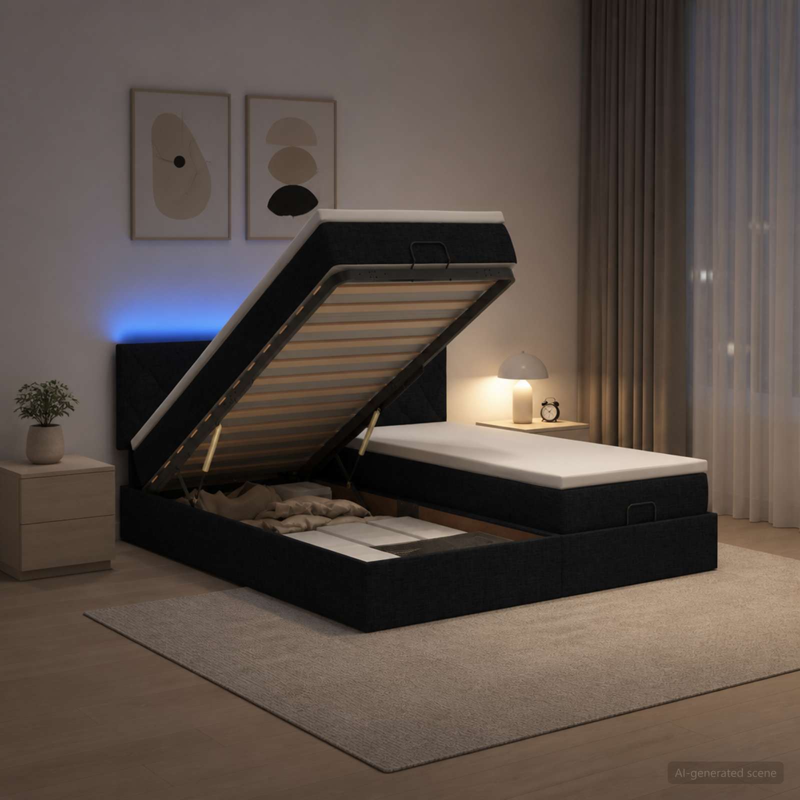 Отоман с матрак и LED с LED ленти Черно 160 x 200 cm Текстил
